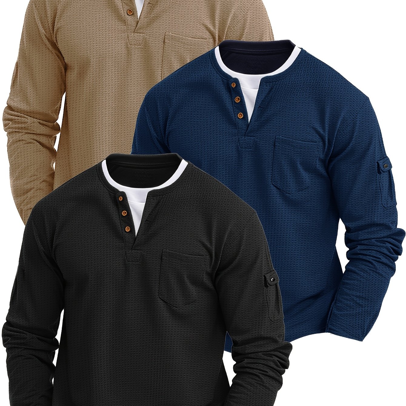 TEMU 3pcs Men's Spring Autumn New Waffle Check Fake Two-piece Round Neck Long Sleeve Shirt Easy Armbag Trendy Convenient Daily Commuting Sports