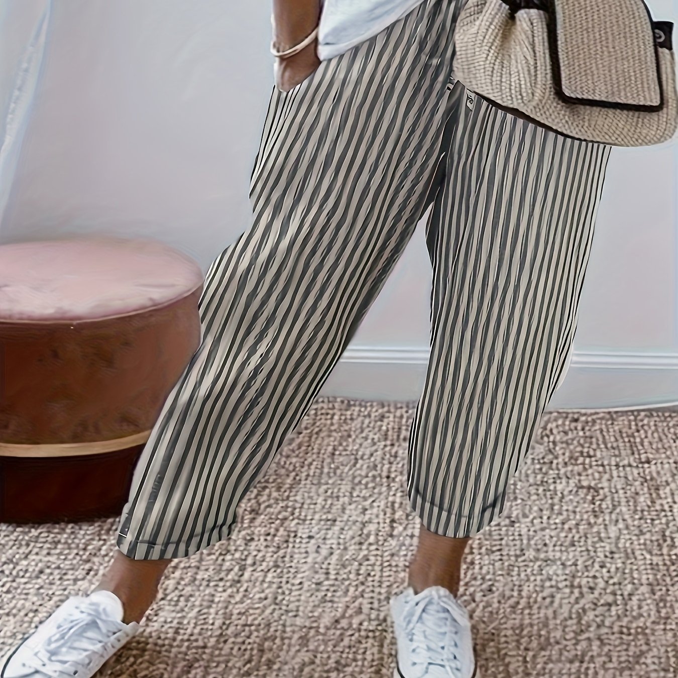 Image of Vacation- Women's Trousers, Fashionable Striped Pure, Comfortable And Skin-friendly, Elastic Drawstring Waist, Cropped Pants