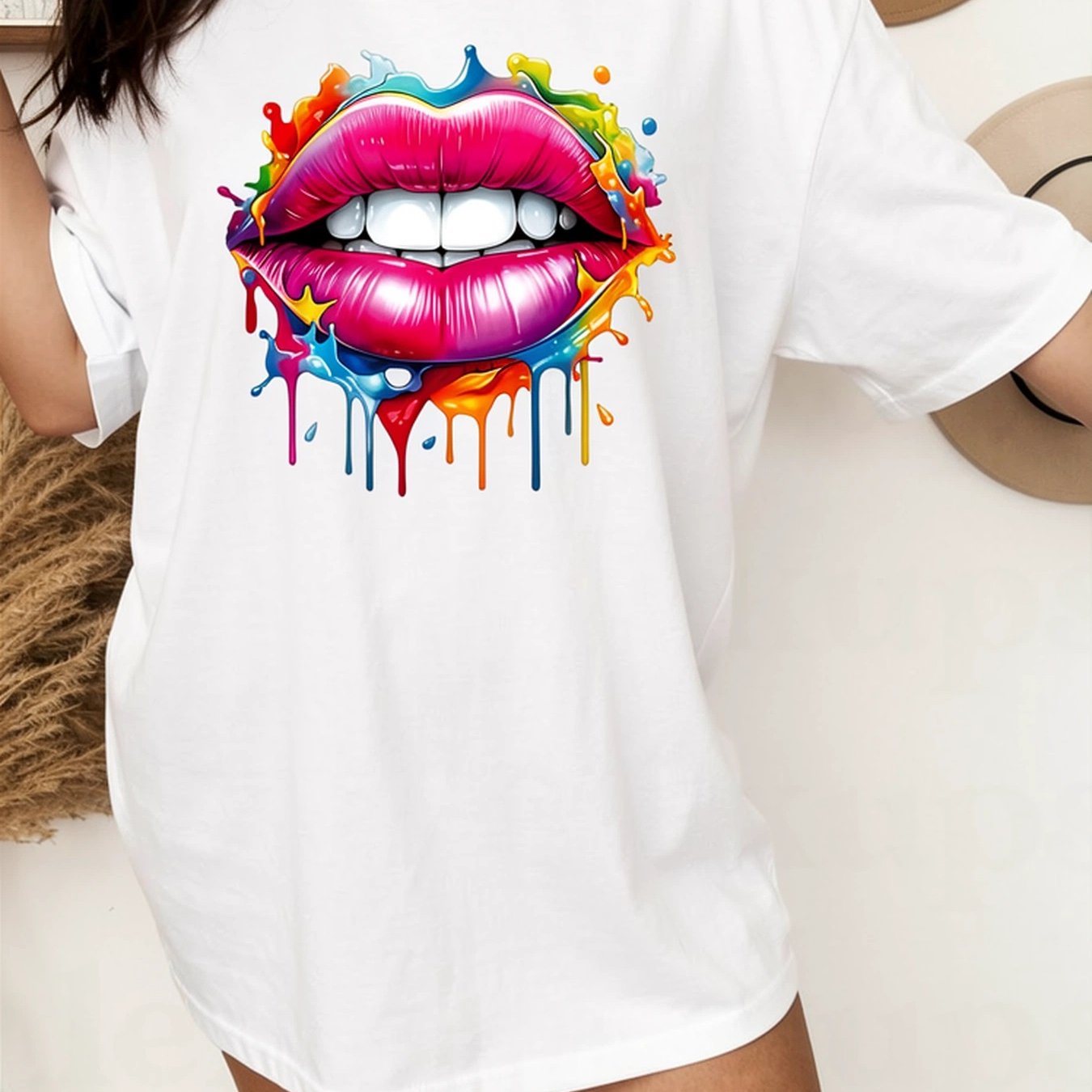 Image of Women's Watercolor Crew Neck T-shirt - Casual Short-sleeve Summer Top, Decorated With Vibrant Pink And Blue Pattern, Lightweight, Machine Washable, Worn As A Dress, Suitable For Women's Casual Wear