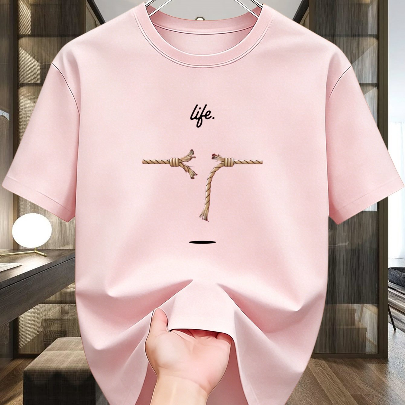 TEMU Men's T-shirt, Trendy And Fun "life Rope" Print, Casual And Versatile Street Style, Comfortable And Breathable Top For Daily Commuting