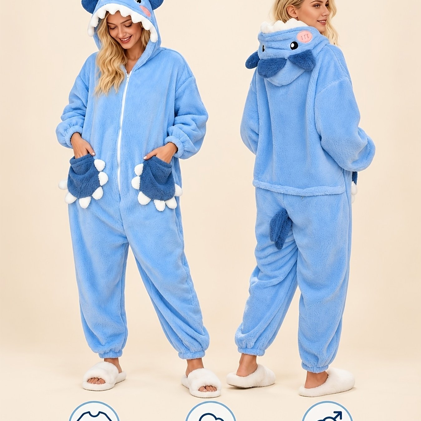 Image of Cartoon Shark Hooded Onesie | Long-sleeve Zip-up Fleece Pajamas For Carnival, Easter, And Music Festivals | Women's Plush Warm Hooded Bodysuit, Animal Cosplay Costume