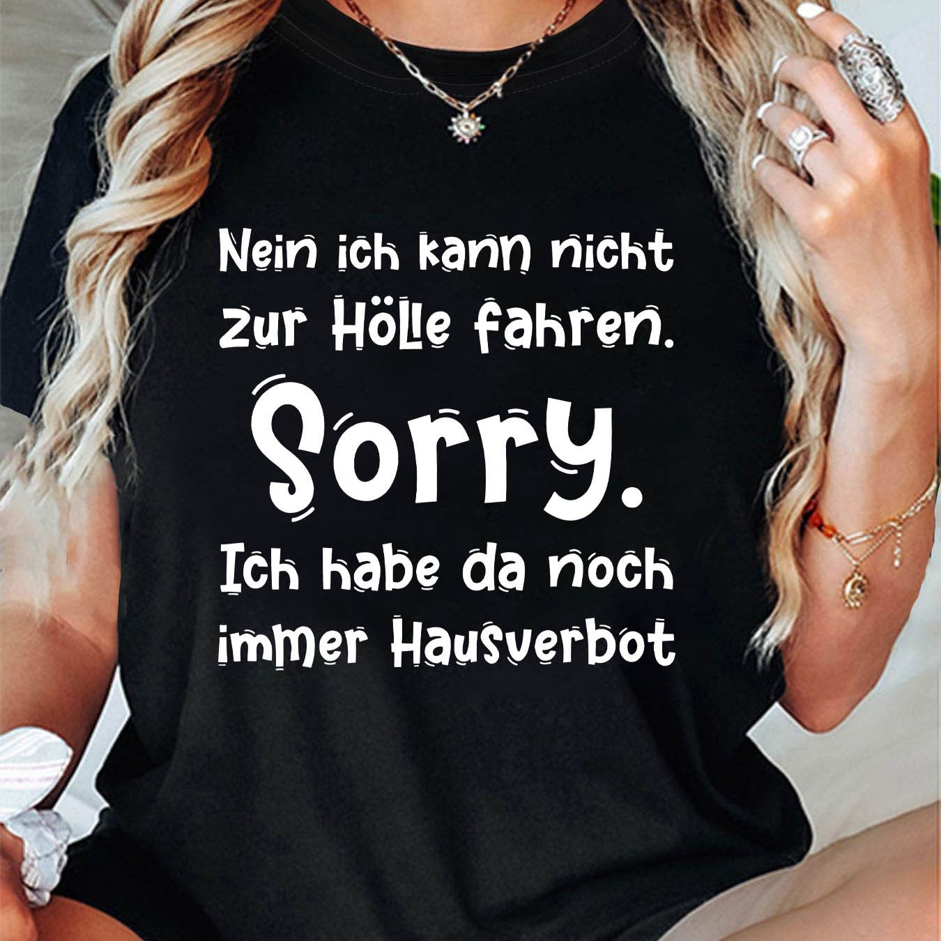 Plus Size, Nein Ich Kann Nicht Zur Fahren Sorry Ich Habe Da Noch Immer Hausverbot Letter Print Plus Size Women's T-shirt, Short Sleeve Crew Neck Casual Top For Summer & Spring, Women's Clothing