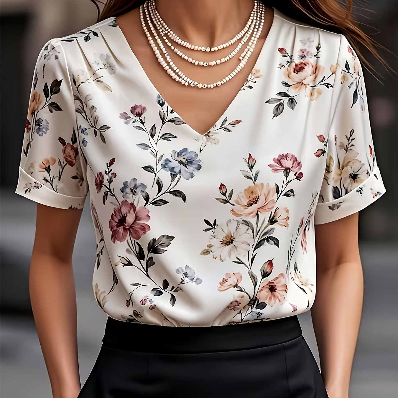 TEMU Chemise à manches courtes et imprimé floral de tempérament pour fête, chemise à col en V pour femme, haut décontracté à manches courtes, blouse