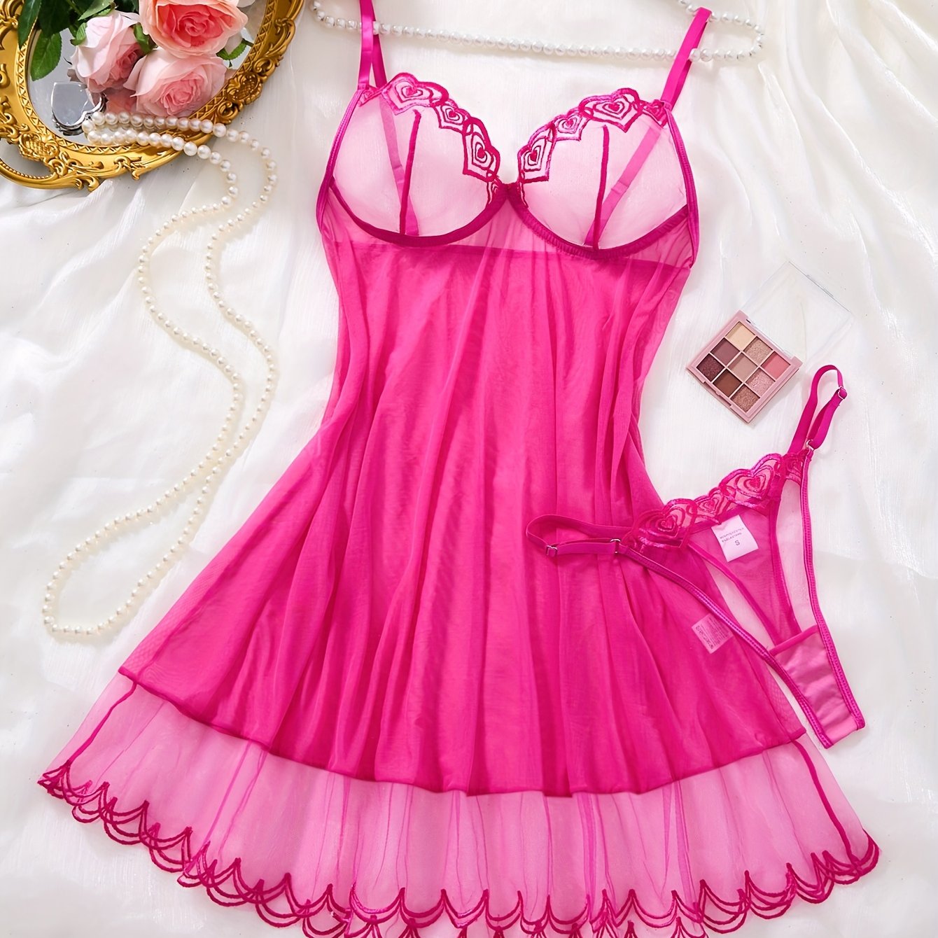 E-shop Rosa Sexy Kurzes Dessous-Set für Damen, dünnes ärmelloses Nachthemd aus Mesh mit tiefer V-Ausschnitt, Spitzenspitze, A-Linien-Rock, ohne