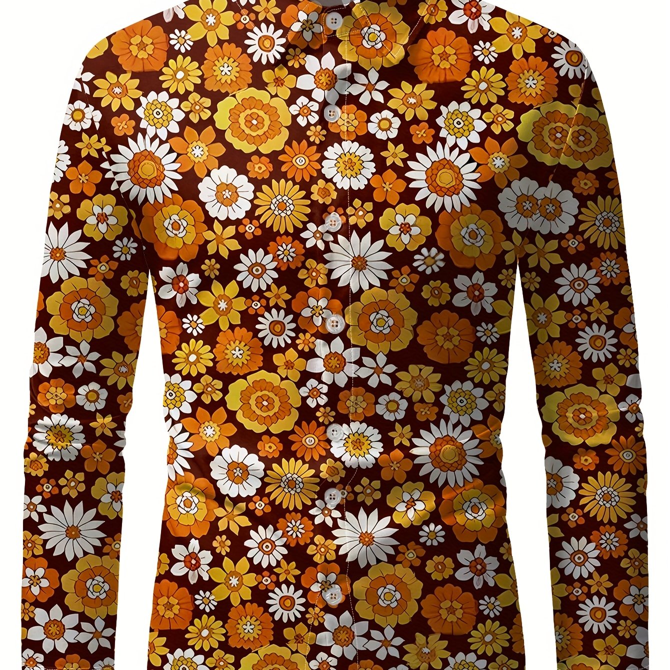 TEMU Men's Vintage Floral Long Sleeve Shirt, Bohemian Style - 1970s Disco Party Theme Halloween Adult Shirt, Perfect For Summer Beach Vacation,