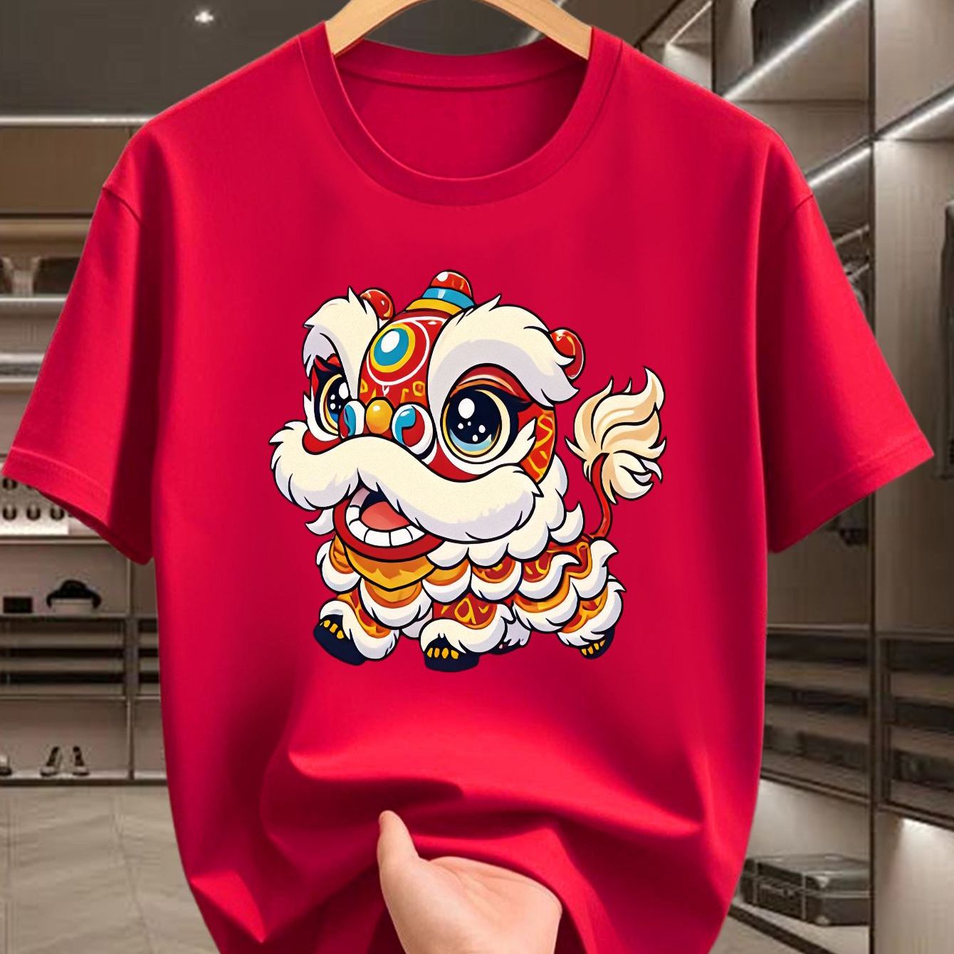 TEMU Men's T-shirt With New Year Cartoon Lion Dance Print Design