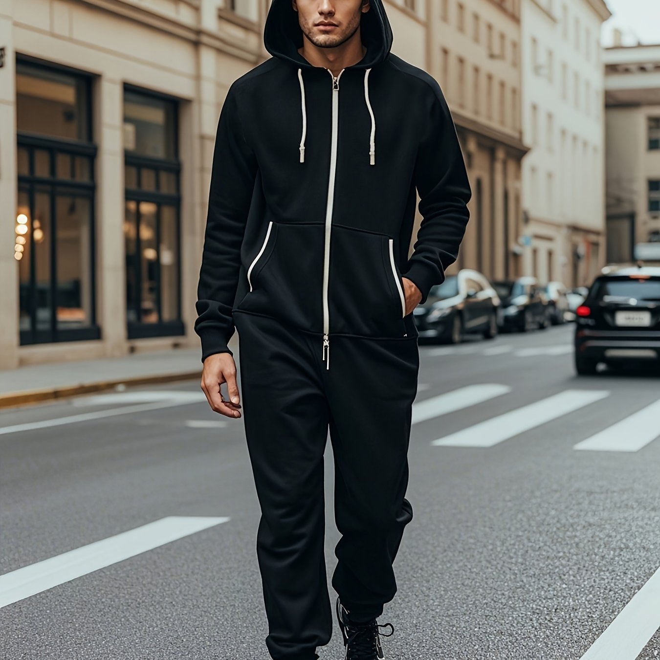 's Hooded Fleece Lined Jumpsuit, Long Sleeve Full Zip Jumpsuit With Kangaroo Pocket Suitable For Spring Travel To
