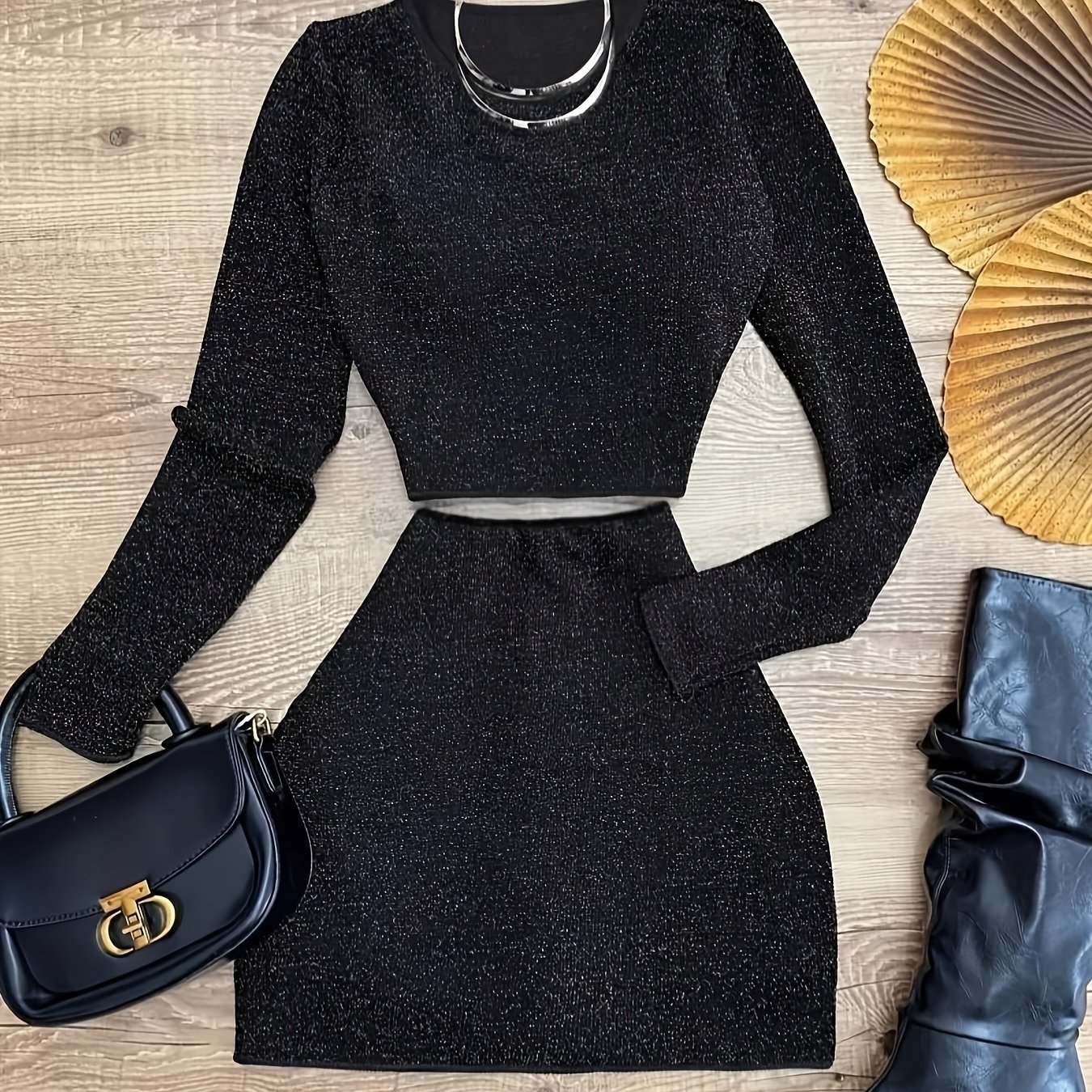 TEMU BK0824077 Ensemble Femme 2 pièces : Haut à manches longues noir à sequins, col rond et taille cintrée + Jupe haute et ajustée à la hanche, idéal