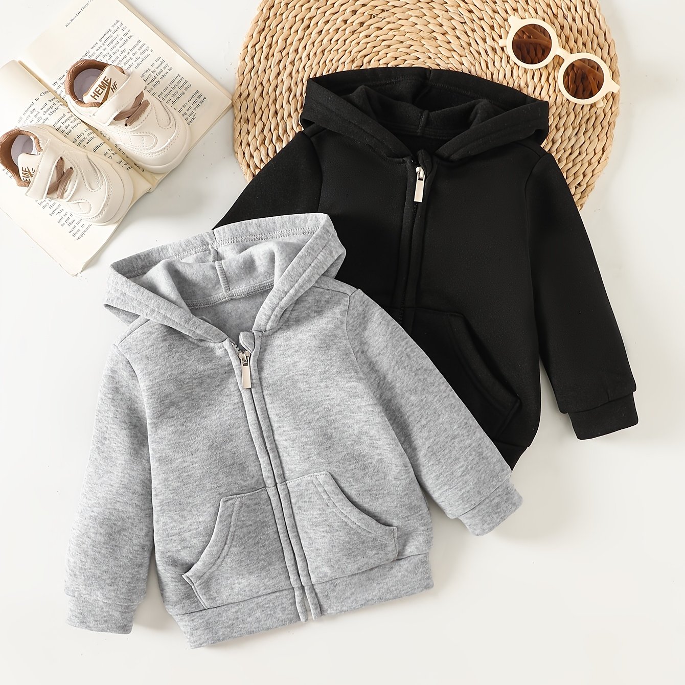 Image of 2pcs Set Of Casual Solid Color Hooded Jackets For Boys And Girls, Gray Hoodie And Black Hoodie, Suitable For Autumn And Winter Wear