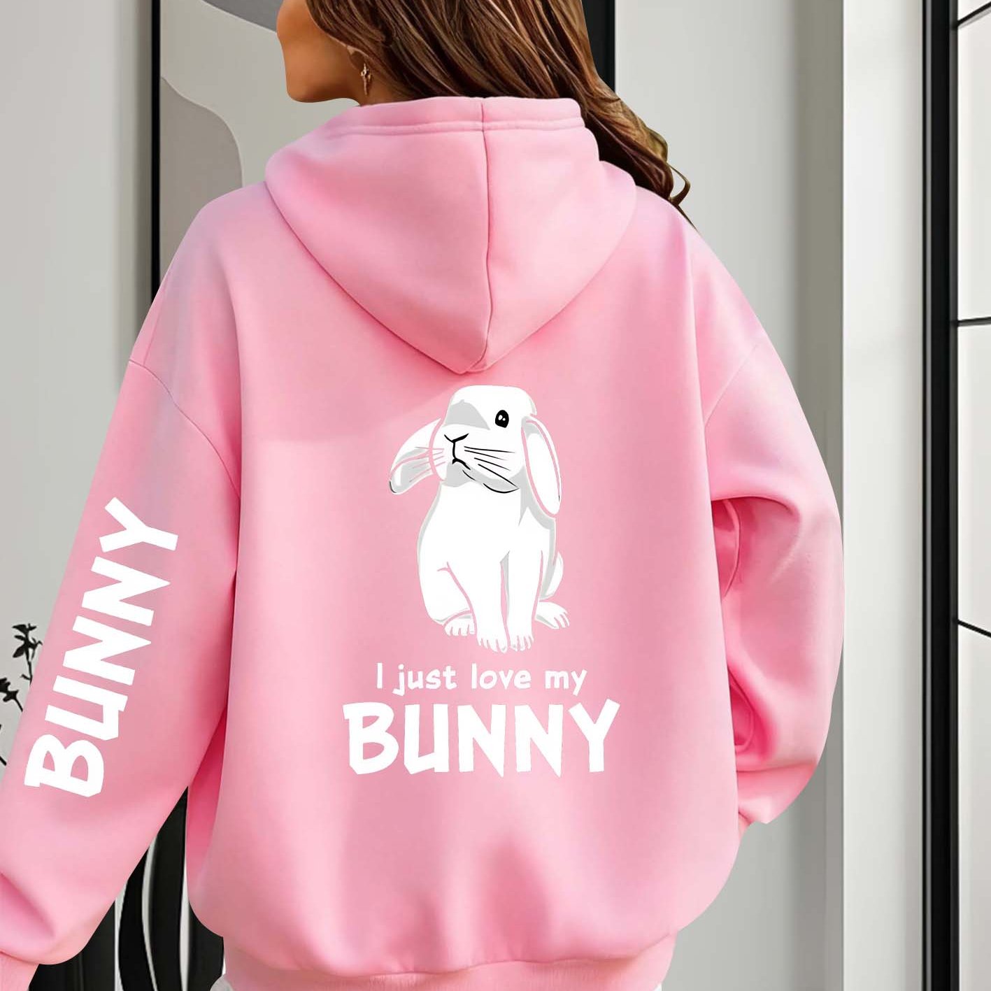 TEMU Rabbit Pattern Print Fleece-lined Casual Trendy Loose Plush Hooded Sweatshirt, Pullover Drawstring Hoodie, Women's Clothing