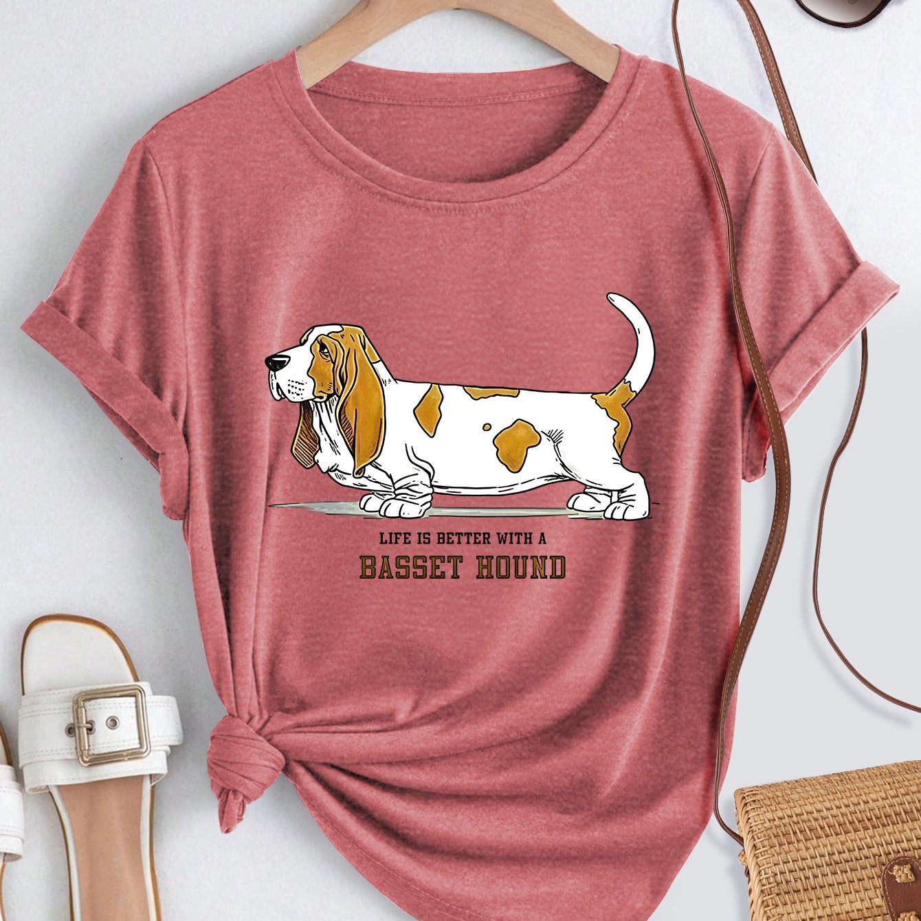 TEMU Summer New Elegant Women's Short Sleeve Retro Style Better With A Basset Hound Basset Hound Print Breathable Comfortable Fabric Women's Summer