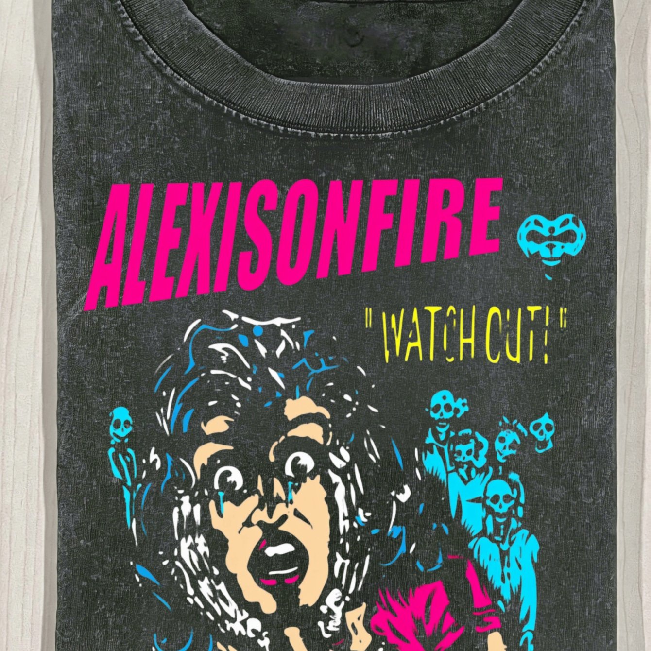 TEMU 'watch Out' Logo & Iconic 230g Washed T-shirt - Unisex Oversized 230g Washed Tee (s-5xl) With Pink Lettering Song Lyrics, Casual Round Neck Gift