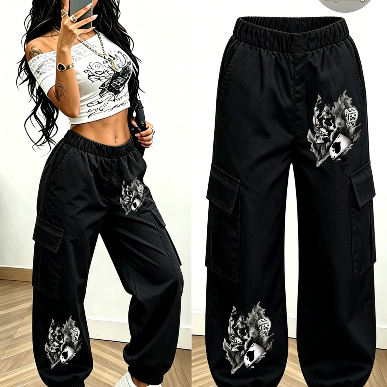 TEMU Women's Long Pants (sold As Single Piece), Black Gray Skull Spades Flame Combination Pattern Printed Cargo Pants, Women's Elastic High-waist