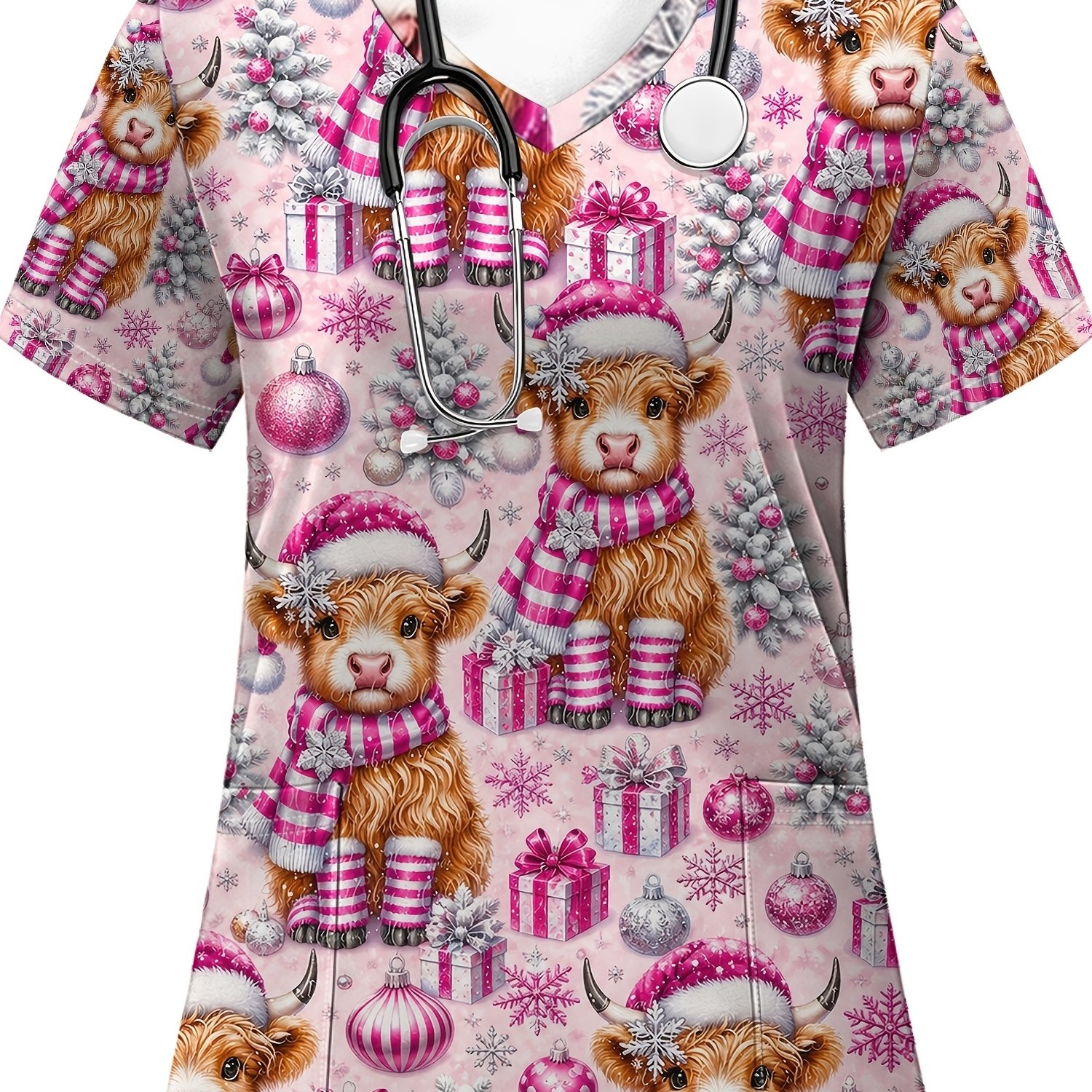 TEMU Highland Cow Print Nurse Top, Christmas Theme Cartoon Print Short Sleeve V-neck Work Uniform, Cute Curly Cow And Snowflake Pattern, Soft