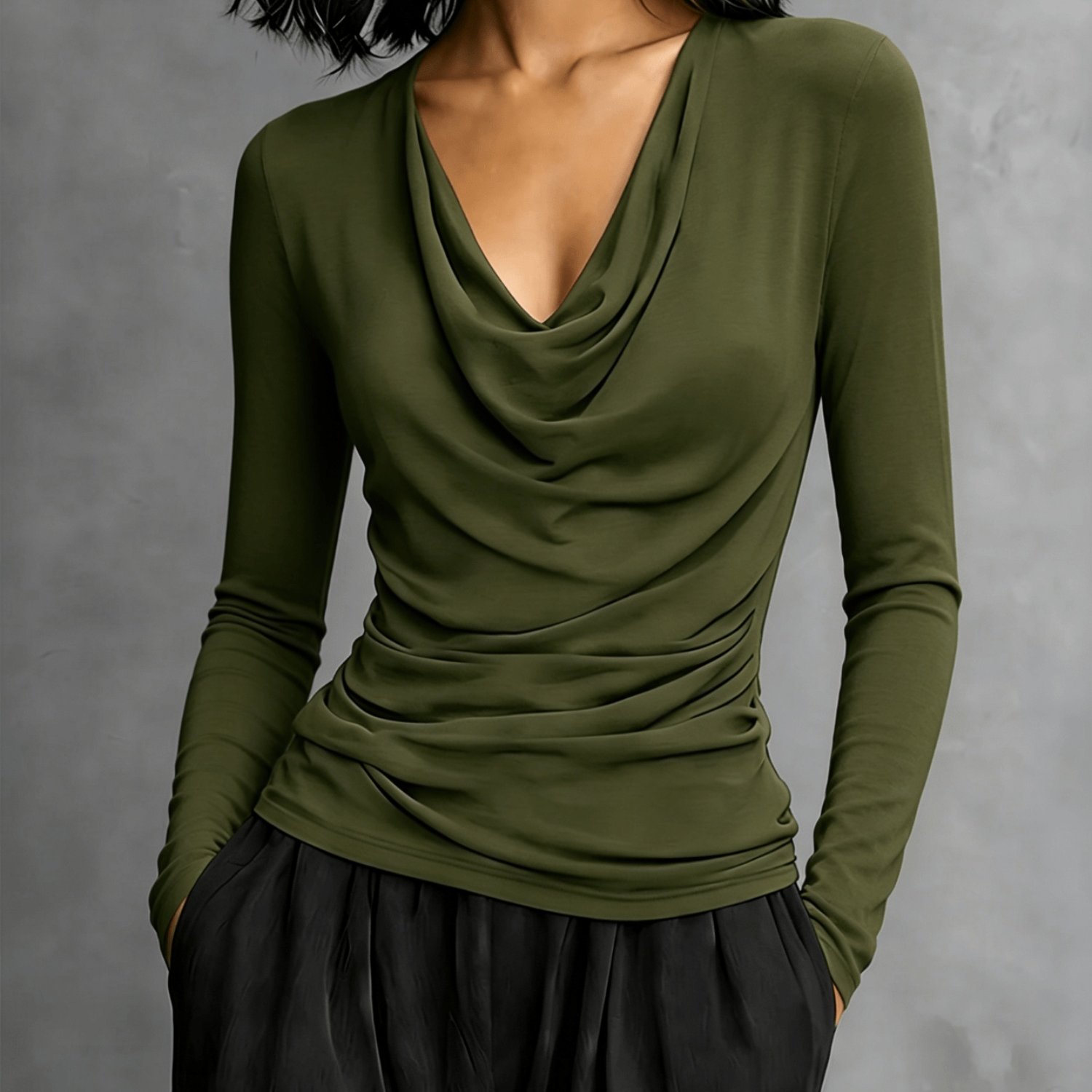 TEMU Women's Elegant New Solid Low-cut Neck Long Sleeve Design Pullover Top, Fashion Women's Top, Casual , Soft And Elastic Fabric, Fashionable And