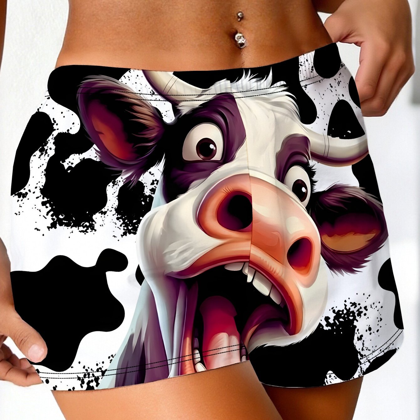 TEMU Women's Screaming Cow Face Shorts - Full-body Cow Print With & Tail, Non-stretch Machine Washable Suitable For - Casual Wear, Themed Parties &