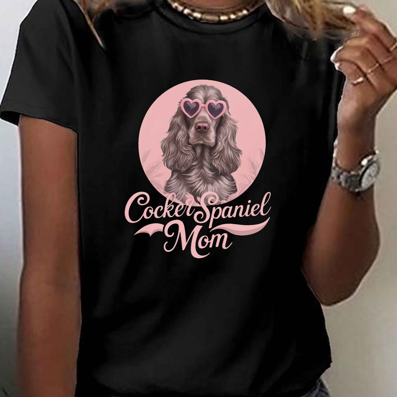 TEMU Fashion Glasses Spaniel Mom Print T-shirt, Short Sleeve Crew Neck Casual Top For Summer & Spring, Women's Clothing