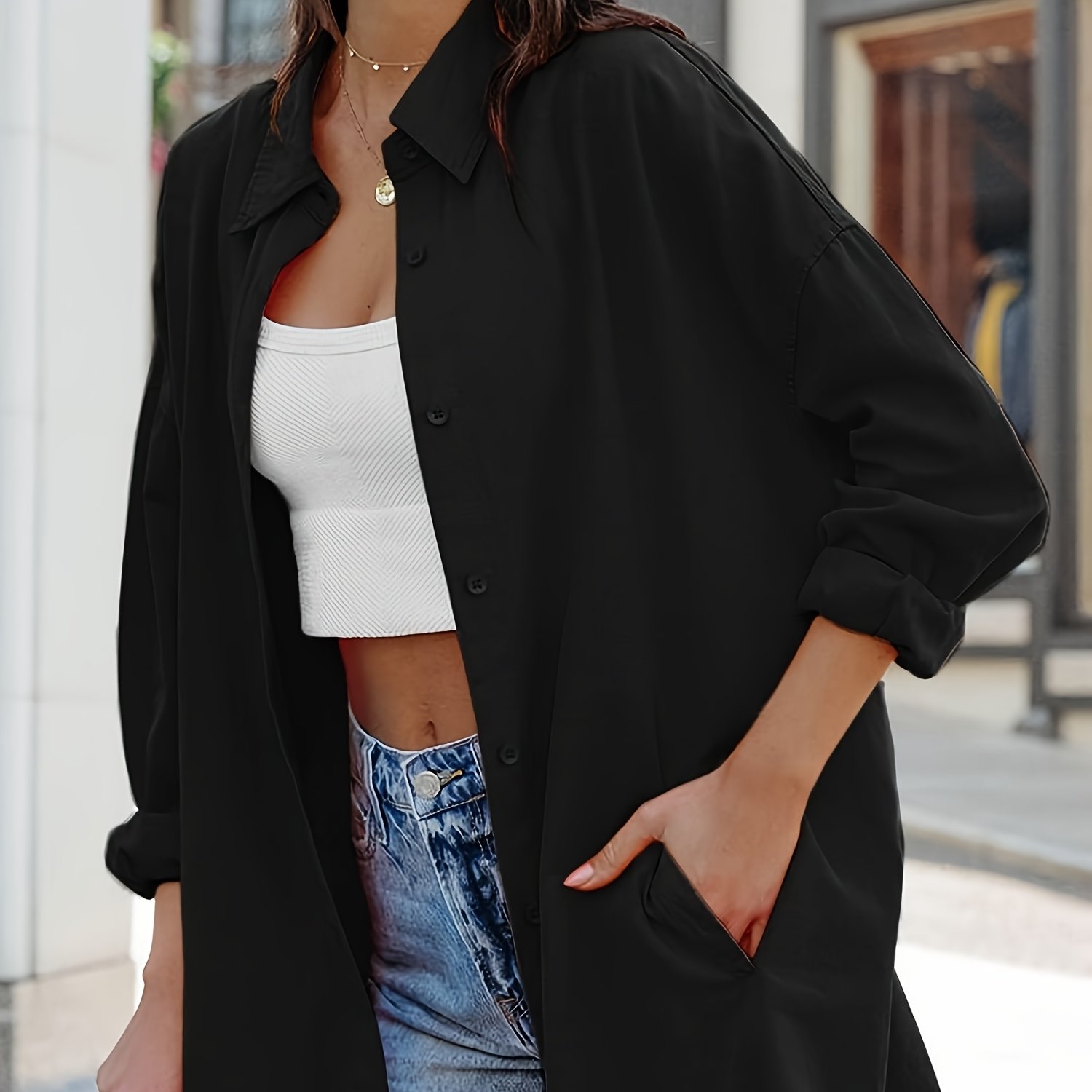 Womens Oversized Button Shirts | 2026 Fashion Casual Long Sleeve Blouse Soft Breathable Solid Lapel Top For Work Office Daily Wear