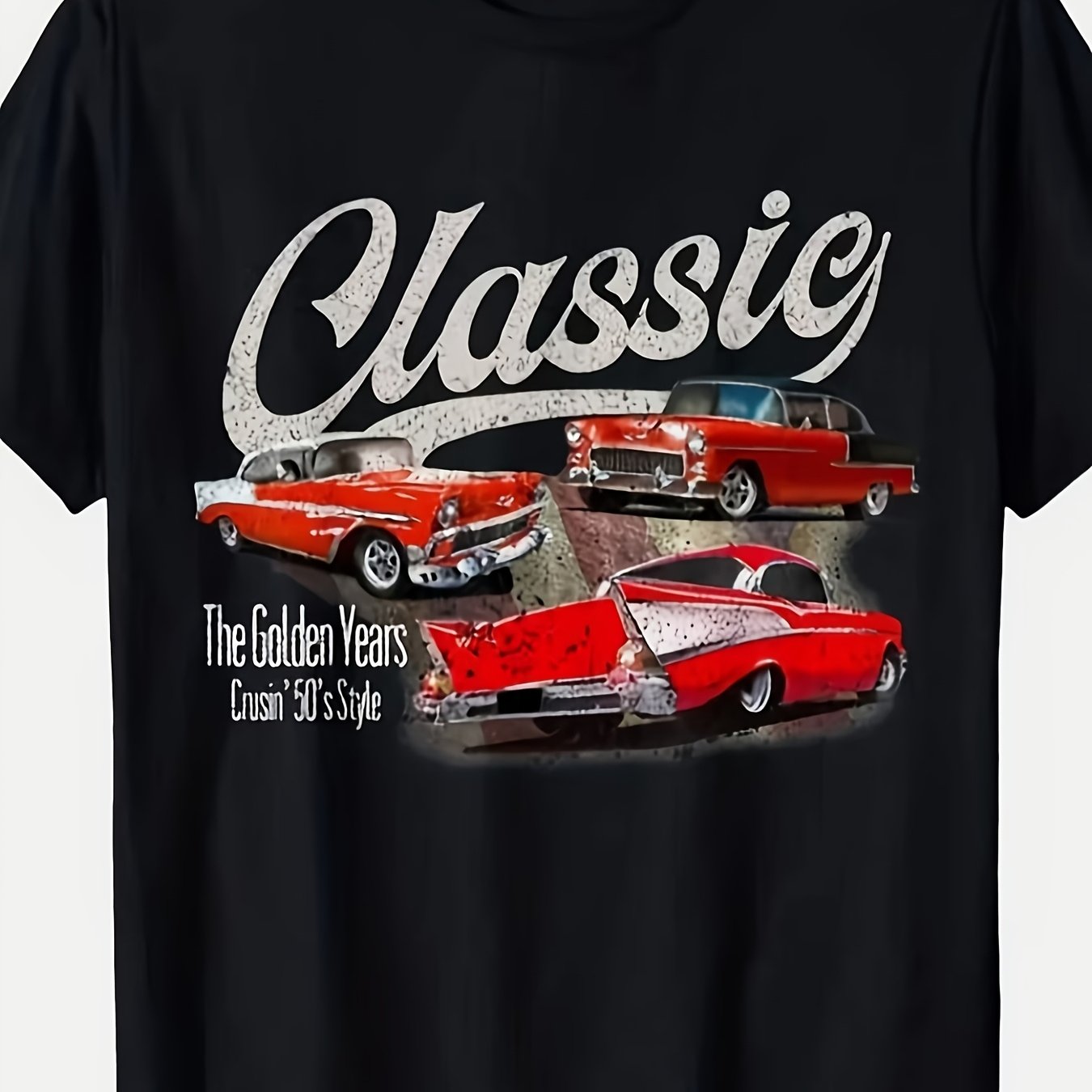 TEMU Men's Heavyweight Vintage Classic Car T-shirt - Retro Automotive Graphic Tee With Classic Script And Round Neck, Designed Style For Spring And