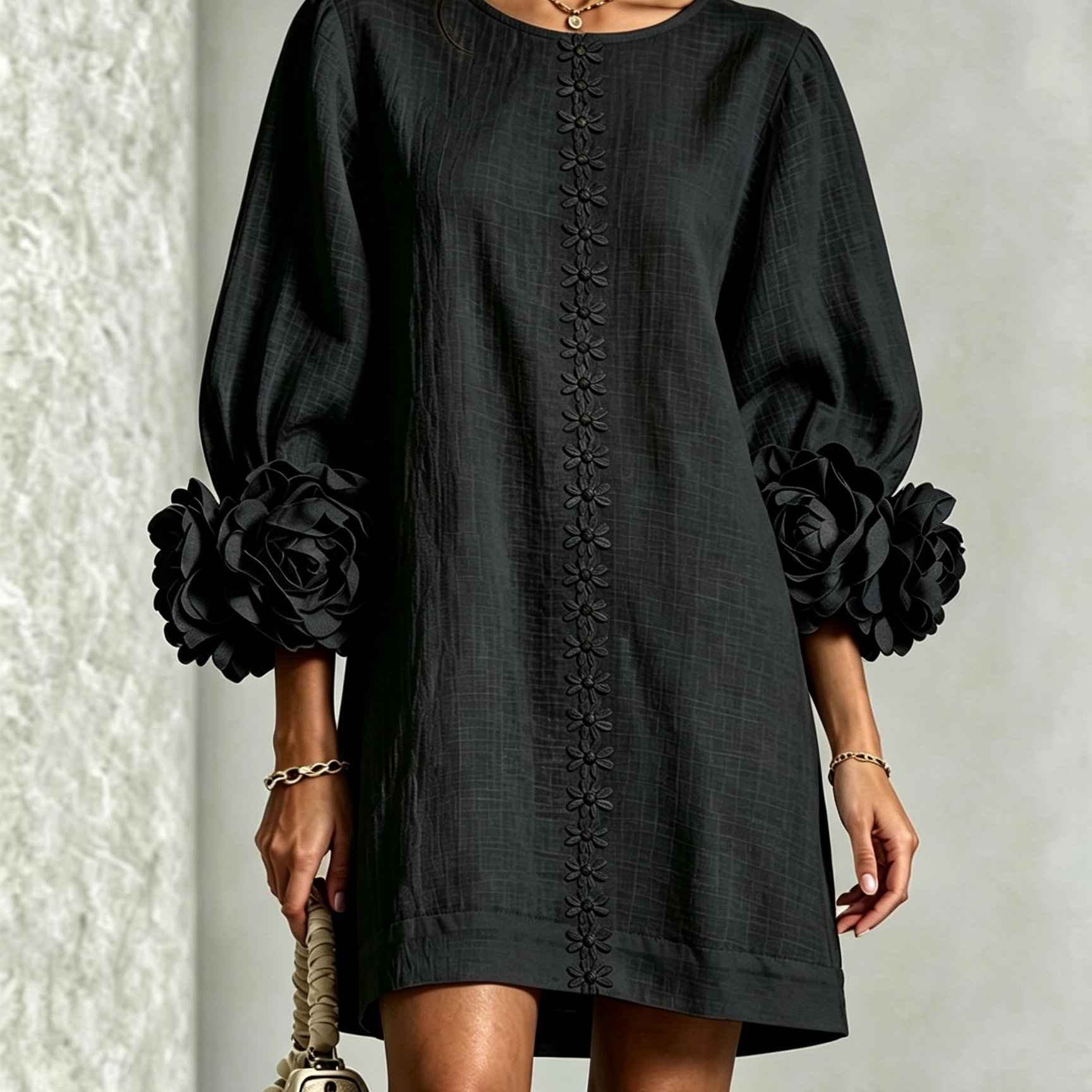 TEMU Vintage Three-dimensional Floral Embellished Three-quarter Puff Sleeve Loose Straight-cut Top, Versatile Long Cover-up Shirt Zllz