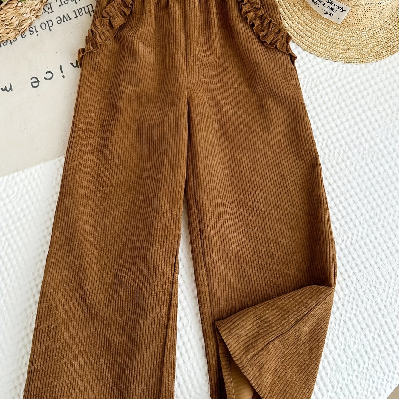 TEMU [size For Regular Fit] Autumn/winter Corduroy Women's Brown Fashion Wide-leg Pants With Cute Lace Trim, Casual Loose Fit, , For Autumn/winter