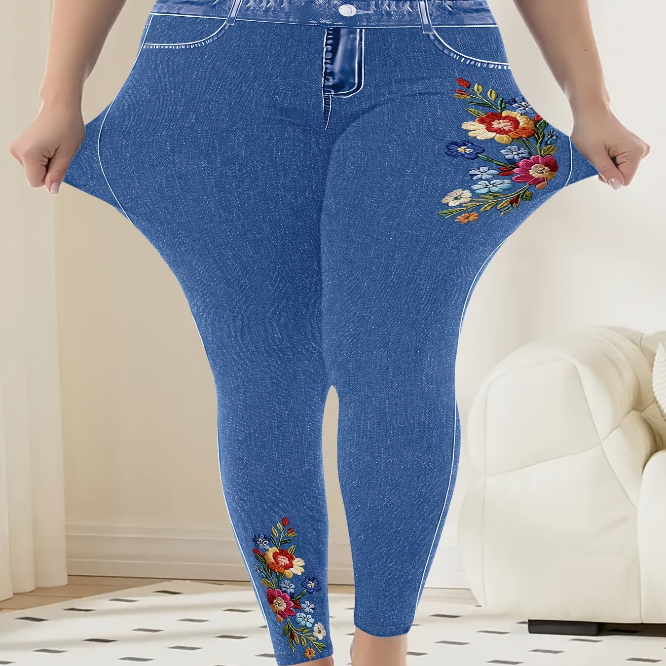 TEMU Tallas Grandes, [Pantalones Estampados - Tela de Mezclilla] Jeans Estampados para Mujer Tallas Grandes/Leggings Elásticos de Mezclilla - Mallas