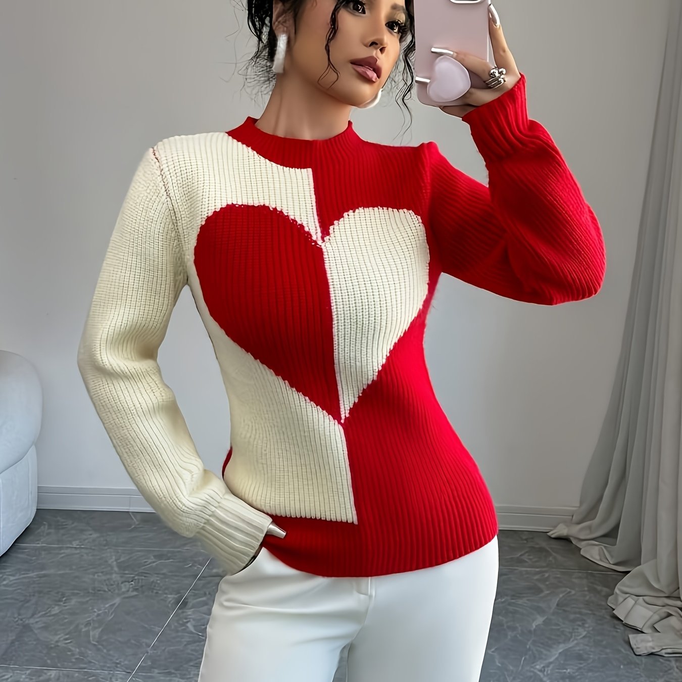 TEMU Pull pour femme à demi-col roulé et cœur, automne/hiver