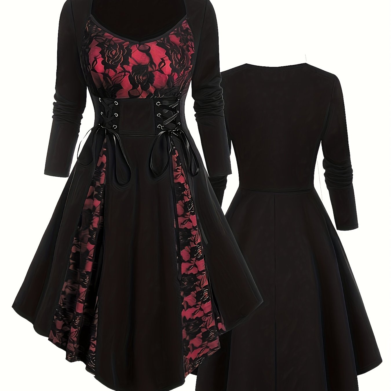 E-shop Plus Size, Plus Size Damen Rosen-Spitze Color-Block V-Ausschnitt Langarmkleid, Plus Size Spitzen-Patchwork Kleid, Herbst/Winter Plus Size