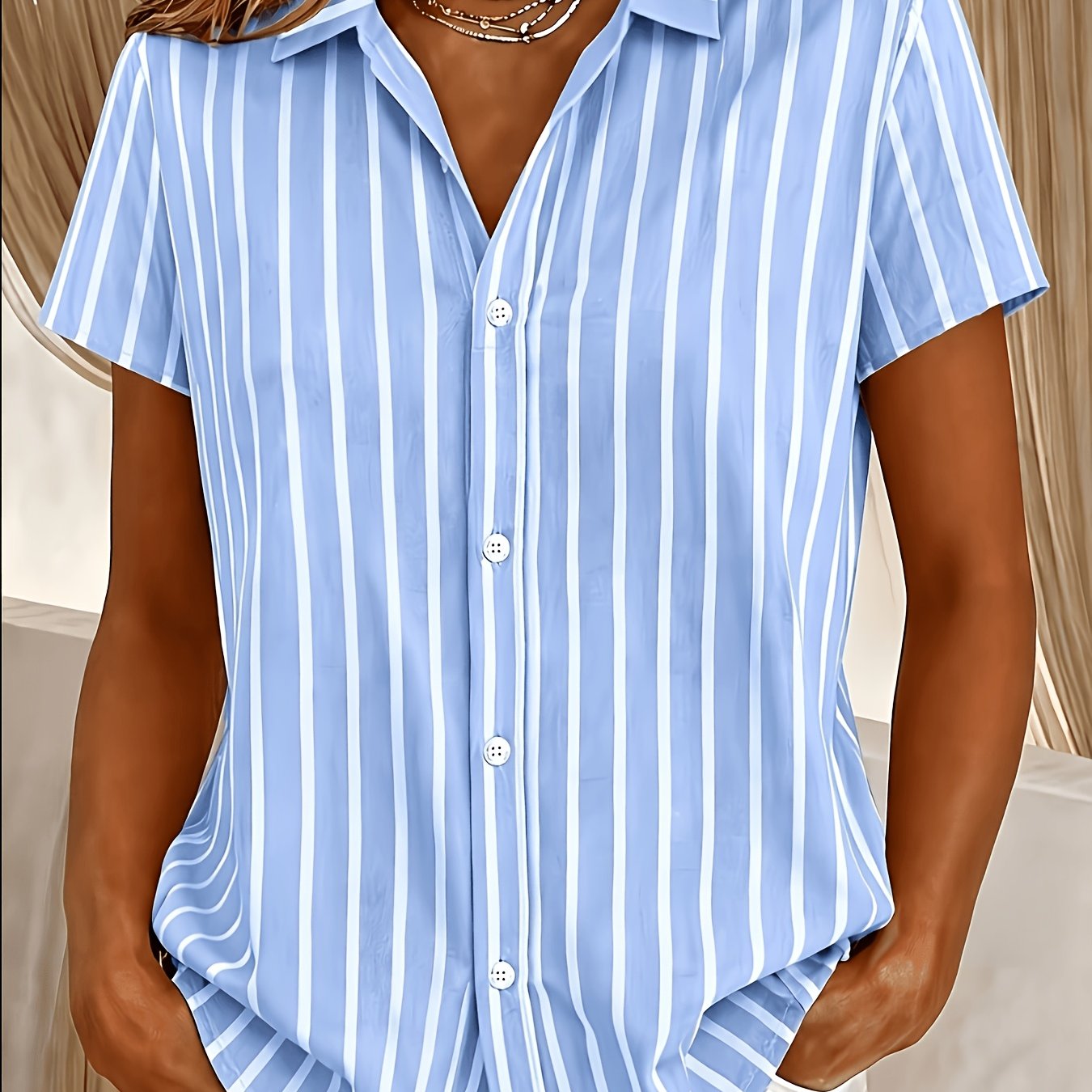 TEMU Women's Vertical Striped Lapel Collar Shirt Button-front Short Sleeve -compatible Top | Non-stretch Machine Washable Suitable For Spring Summer