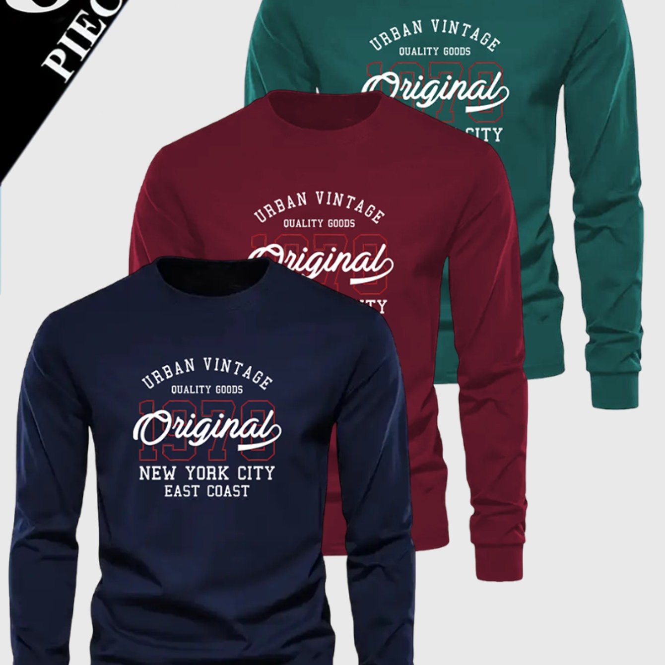 TEMU Men's 3pcs Long Sleeve T-shirts, Polyester Round Neck Breathable Fabric, Suitable For Sports And Casual Wear