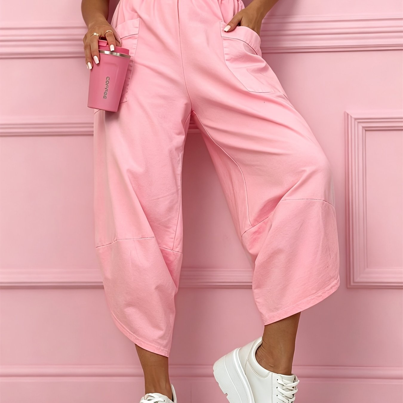 TEMU Y2k Slouchy Style Pink Elastic Waist Casual Pants For Women, Loose Fit Wide Pocket Harem Pants, Soft And Breathable Cropped Pants, Pear-shaped