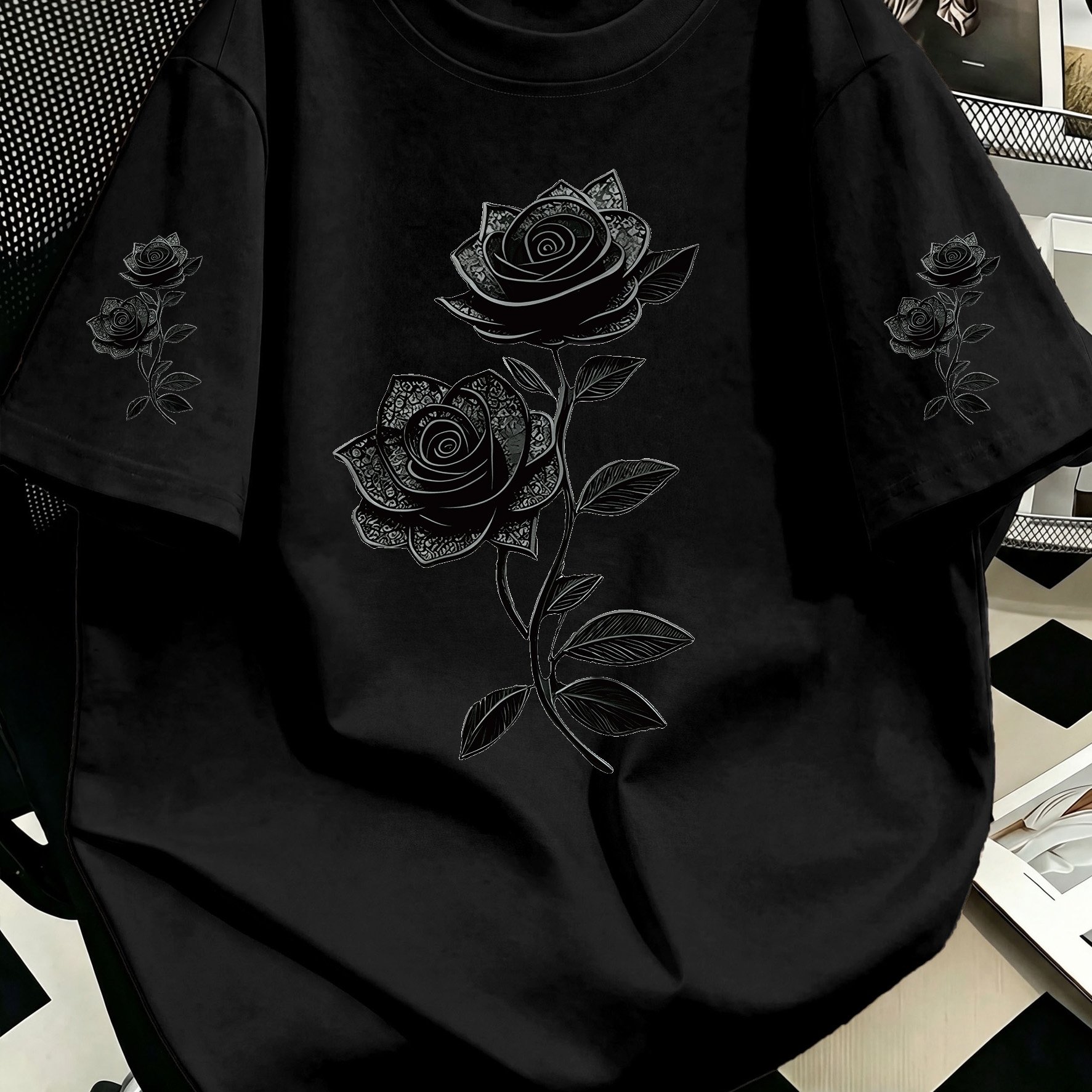 TEMU Plus Size, Plus-size Women's Oversized Round Neck T-shirt - Short Sleeve -compatible Suitable For Casual Travel & Vacation, Black Rose Print