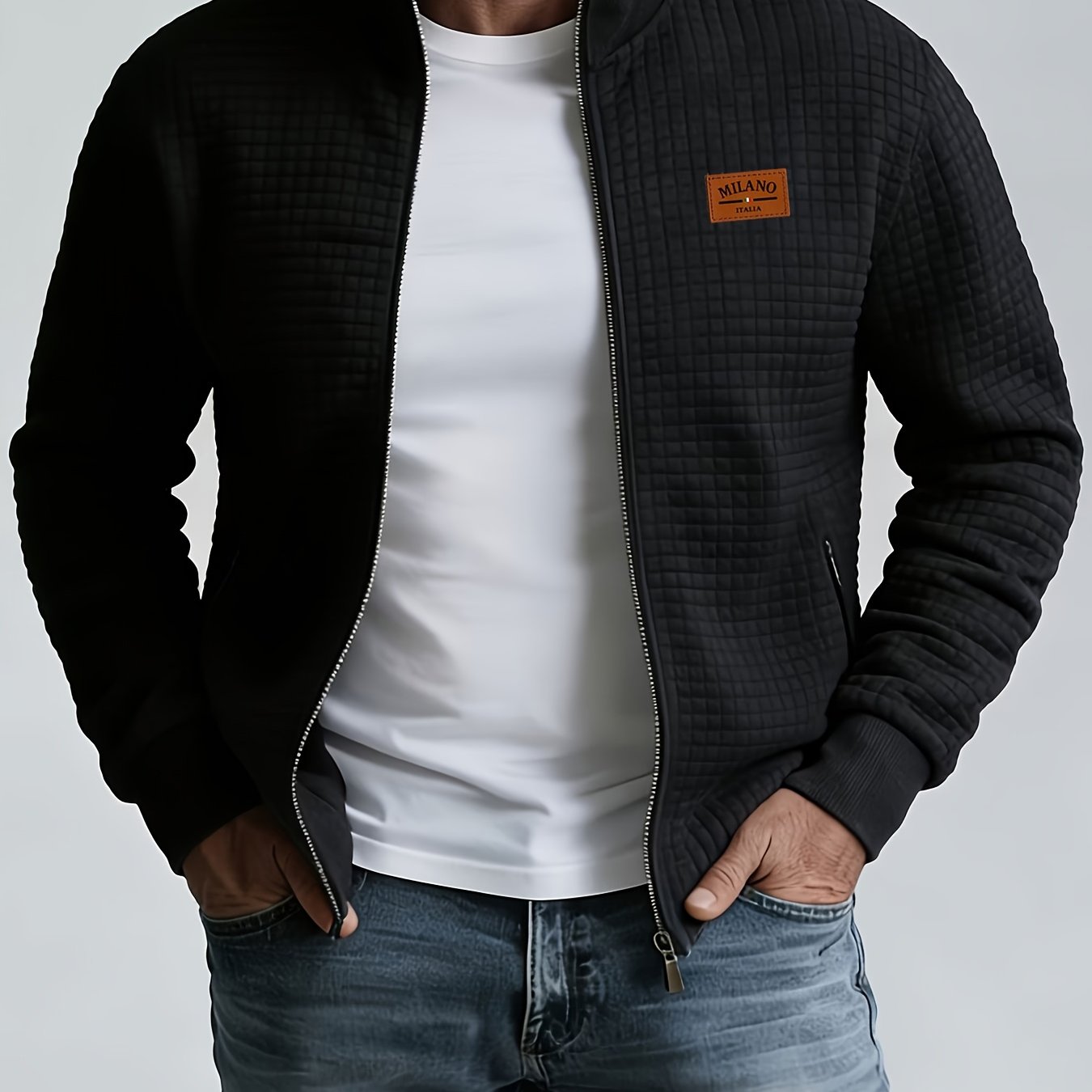 TEMU Obm Men's Fashion Waffle Knit Stand Collar Zip-up Jacket, Vintage Label, Casual Baseball Sport Functional Warm Workwear Jacket