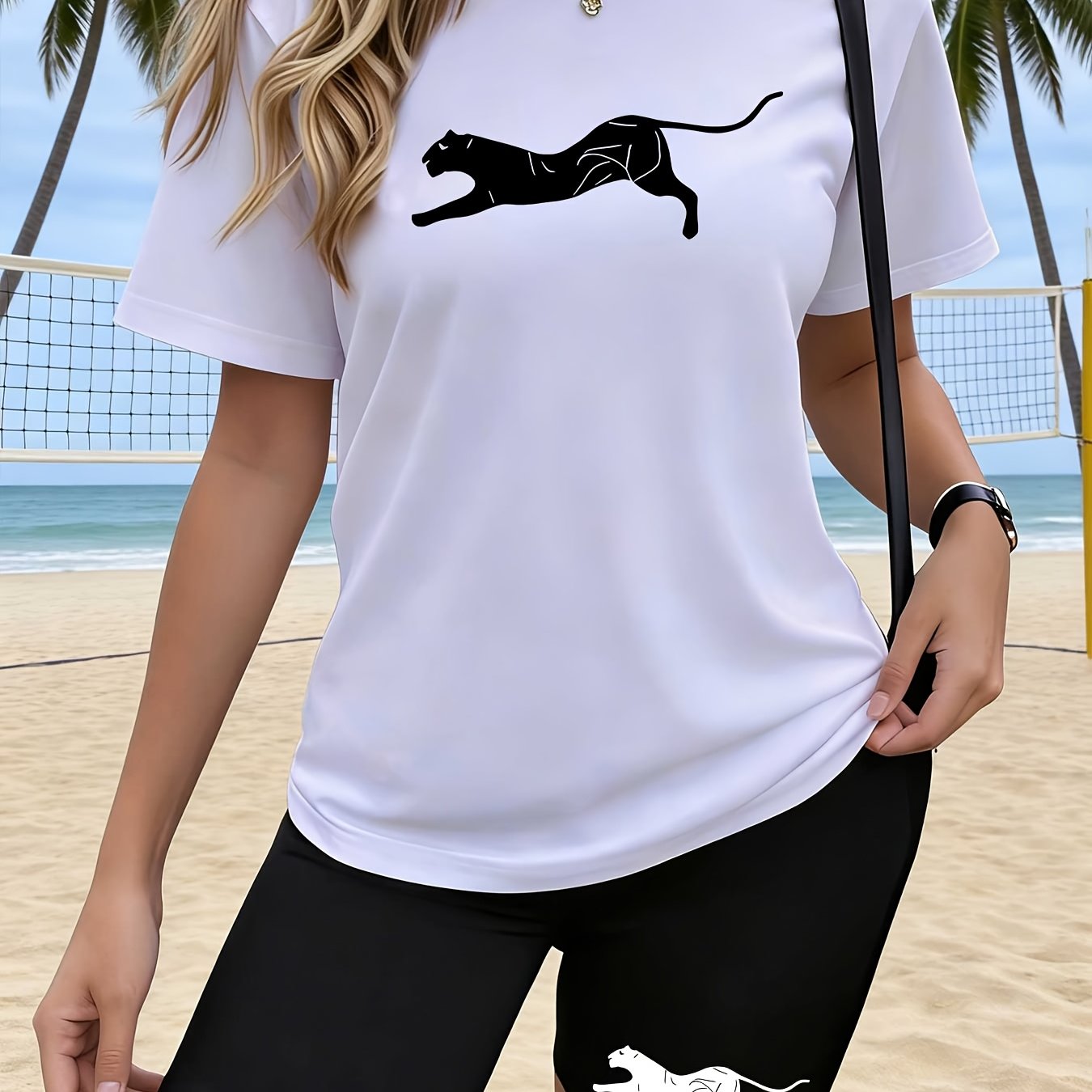TEMU Y2k Women'-piece Set, Dynamic Leopard Minimalist Silhouette Design Creative Artistic Trendy Hot Printed Pattern, Western Women's Round Neck