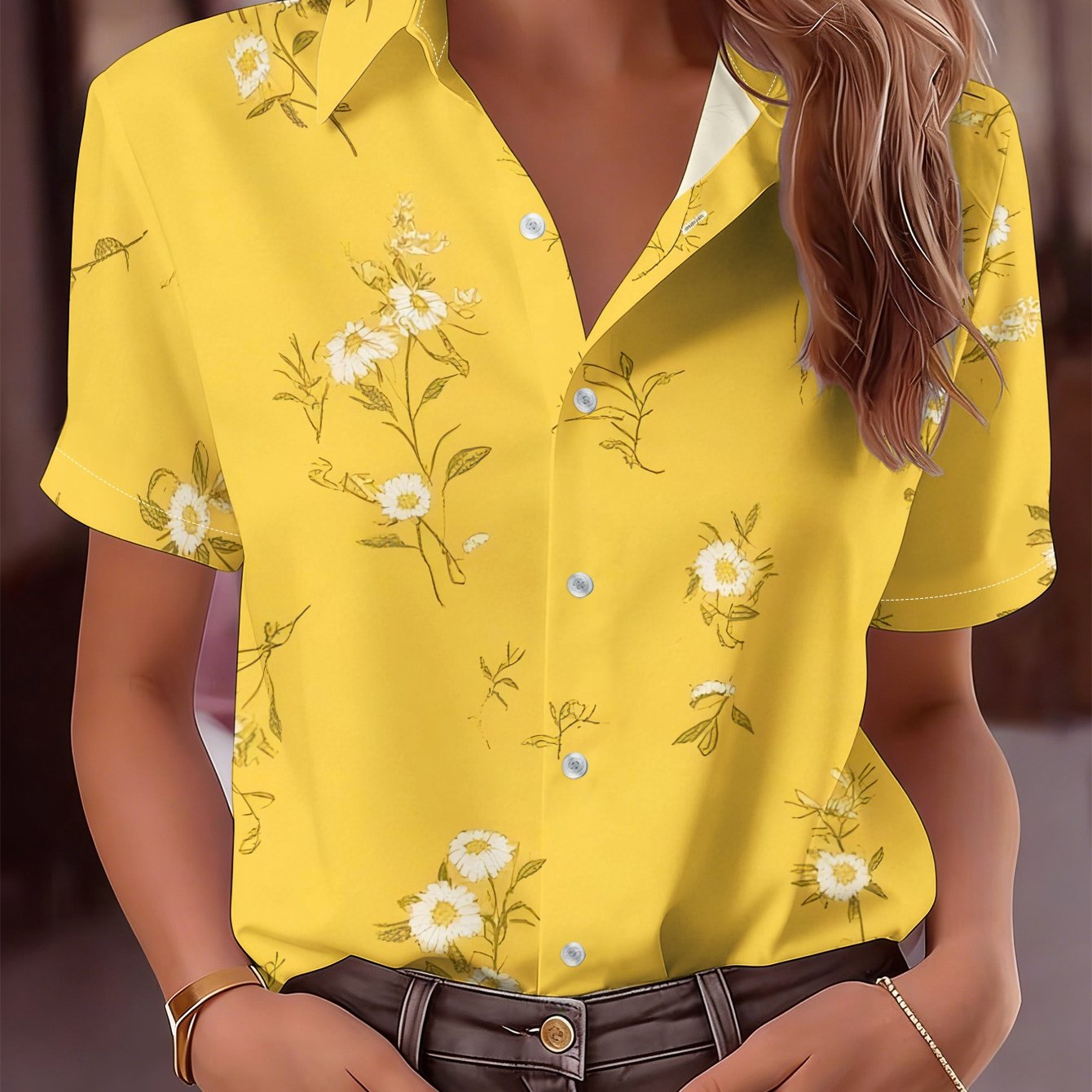 TEMU 2026 New Women's Short Sleeve Shirt, Print Top, Sweet Literary Style Daily Casual Versatile Blouse, Machine Washable