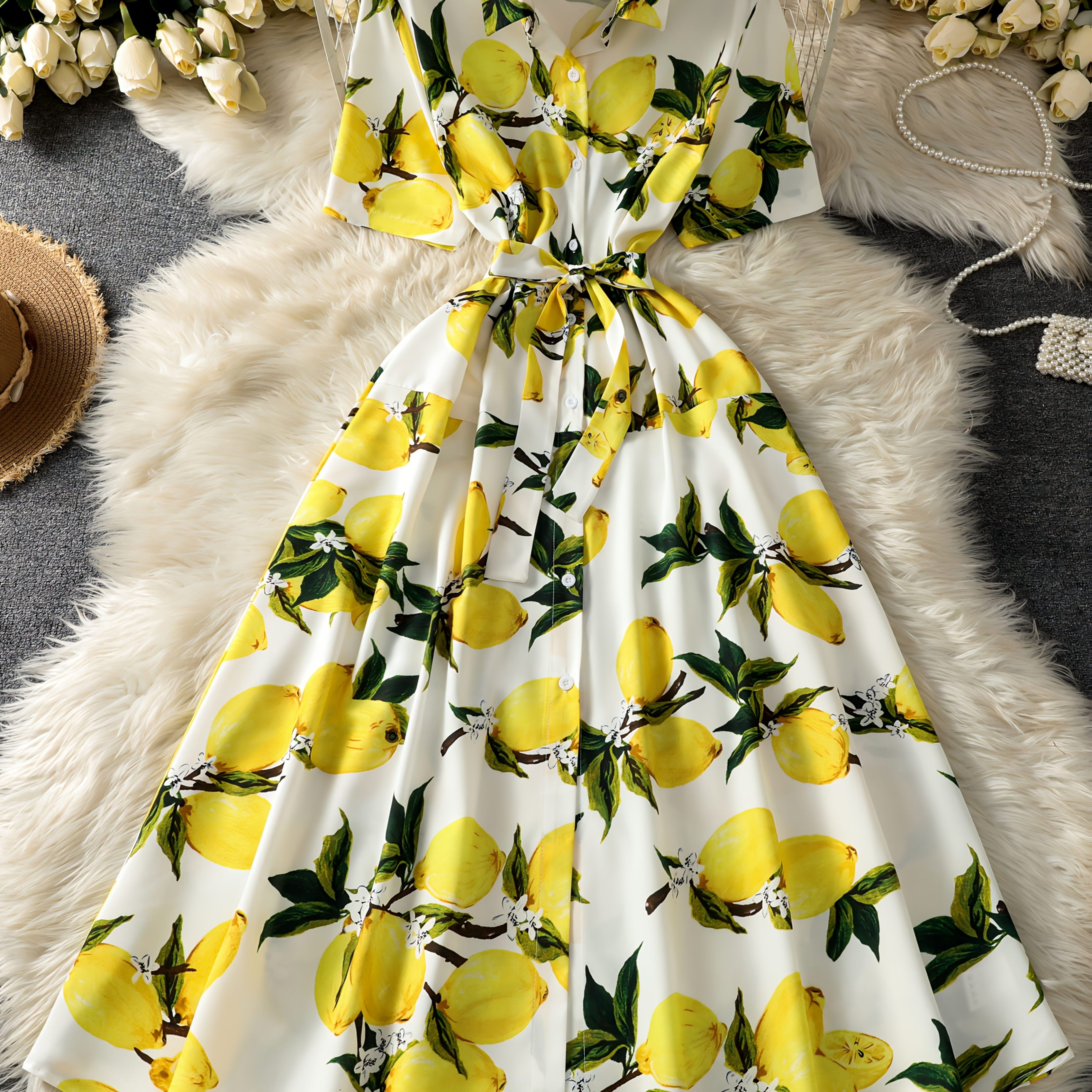 E-shop Damen Kurzarmkleid, Sommerliches formelles Kleid mit Gürtel und Kragen, High-Waist Vintage Retro Stil Zitronenprint A-Linie Mode Einzigartiges