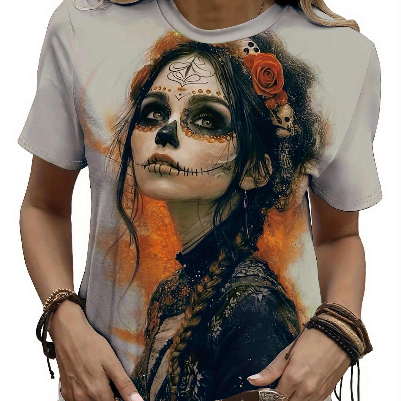 Image of Dark Portrait Floral Print Round Neck Elegant Fashion Round Neck Halloween T-shirt, Casual Daily Shirt, New Women's Clothing Festive Outfit Short Sleeve Top
