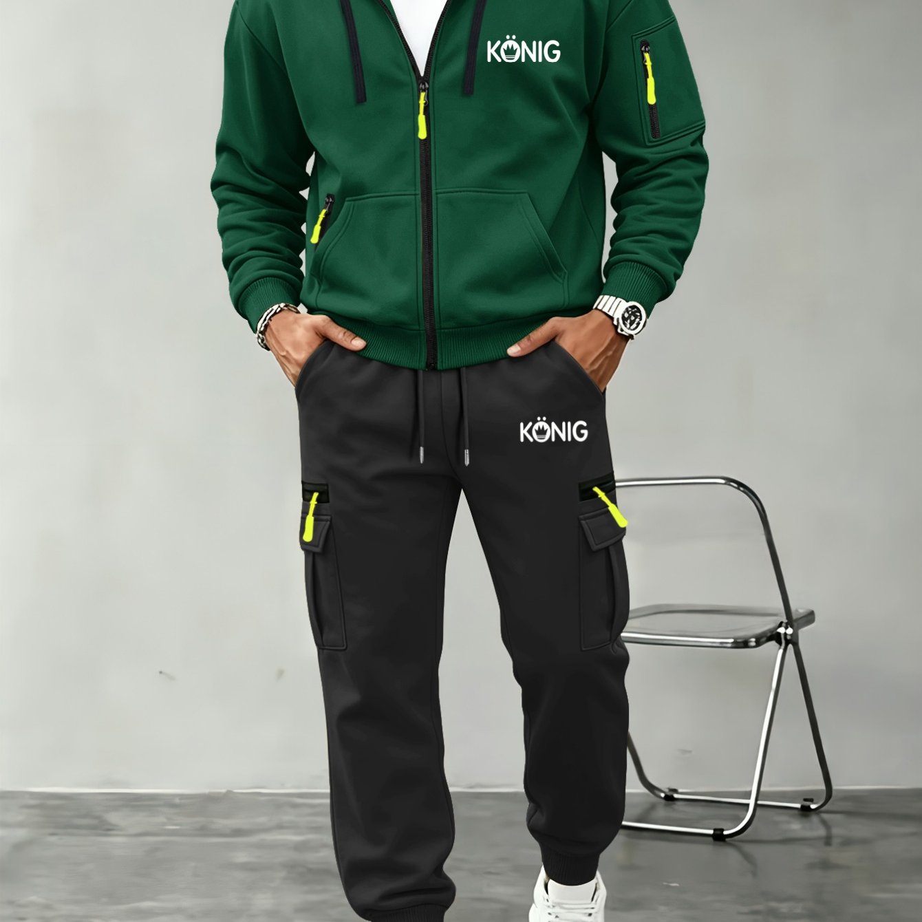TEMU Men's Hooded Trendy Ankle-cinching Cargo Sweatshirt Set, Crown On Head Konig Letter Print Side Pockets Orange Zipper Long Pants Full Set