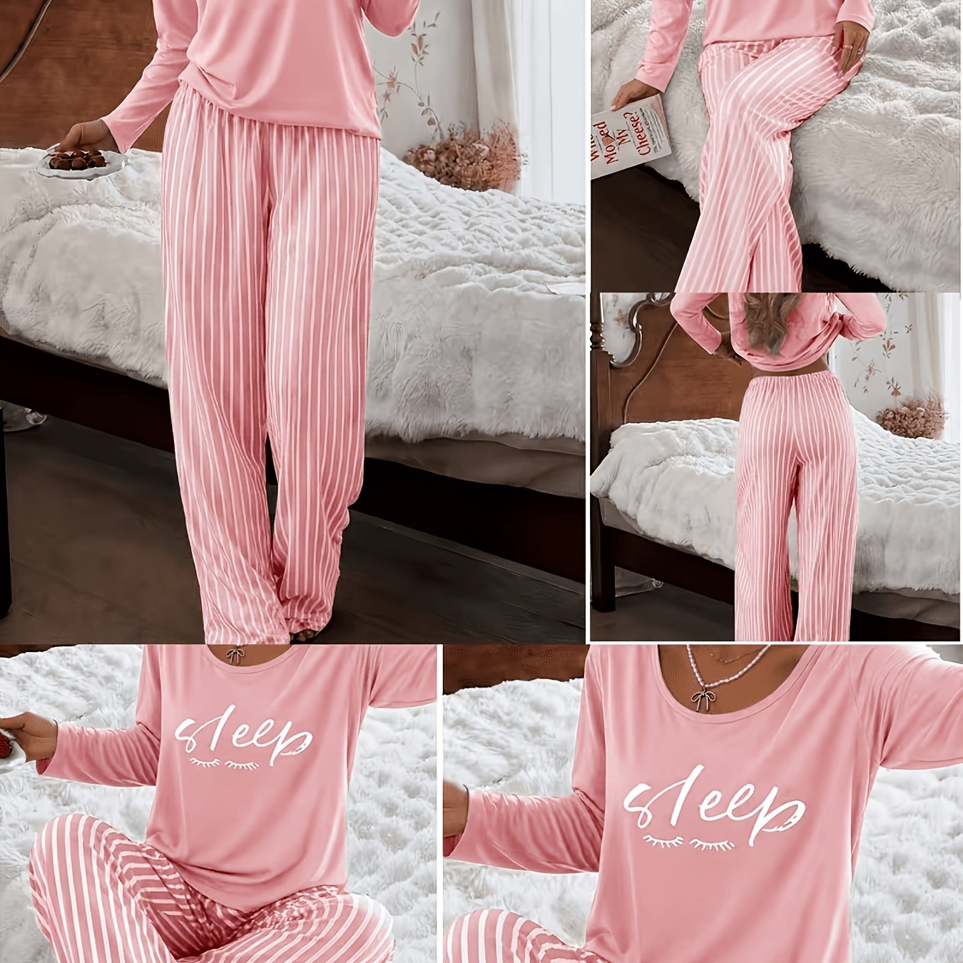 TEMU Women's 2pcs Pajama Loungewear Set, Casual Sleepwear Set, Comfortable Homewear Set, For Use, Loose Fit Round Neck Long Sleeve Top And Elastic