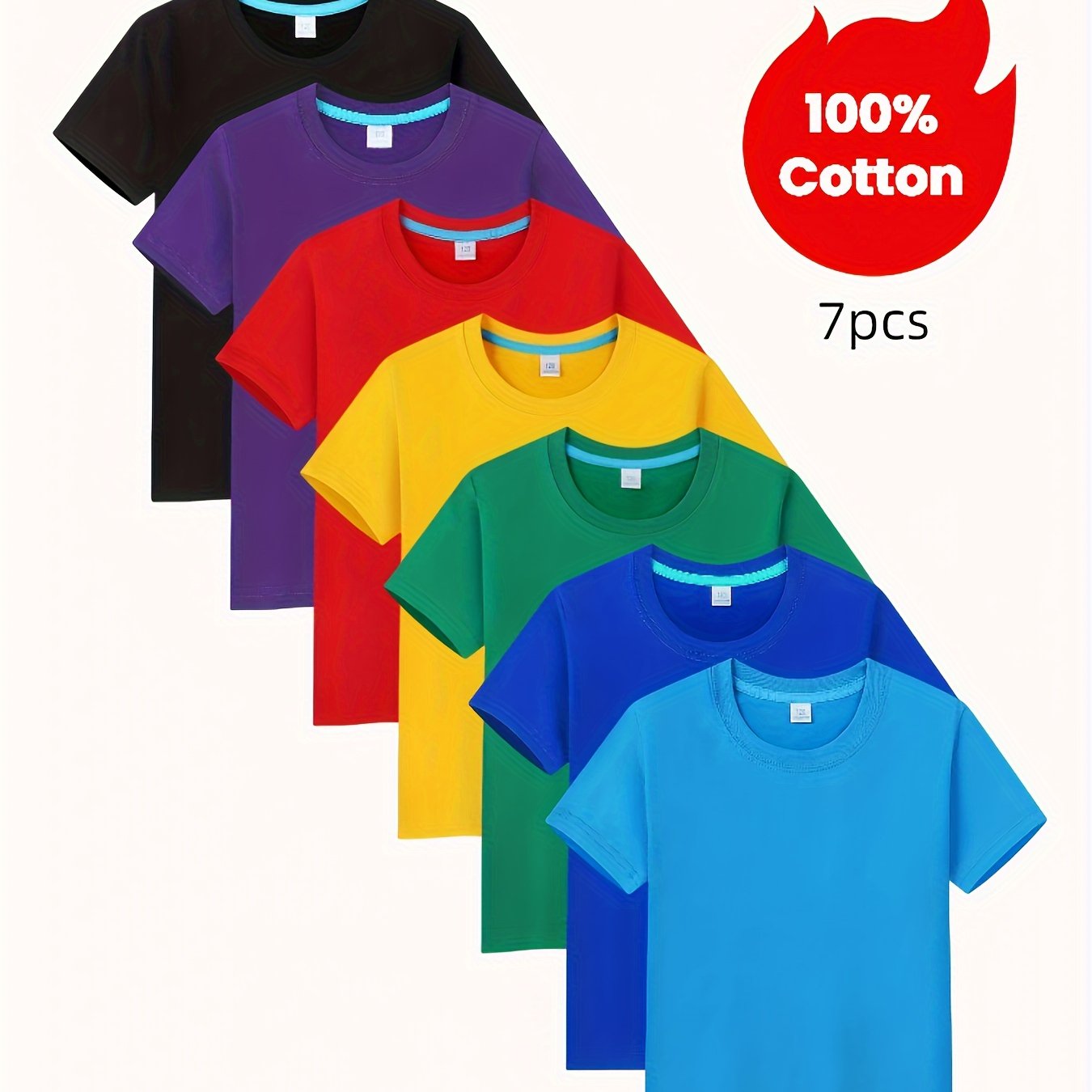 Image of 7pcs 100% T-shirts Pc - Soft Round Neck Short Sleeve Solid & Colors Suitable For Casual Casual Attire,, , Layering Base Layers, Spring Summer Outfits For