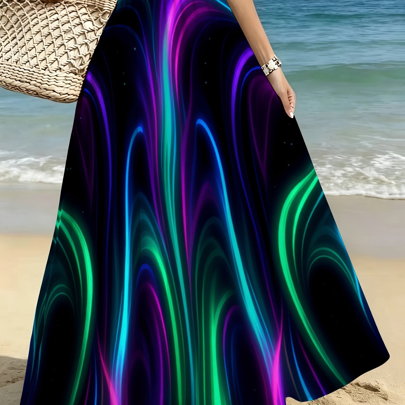 TEMU Lianyaoshi [printed Design Not Textured] Women's Vibrant Flowing Maxi Skirt With Abstract Neon Print, Perfect For Beach Vacation, Casual , And