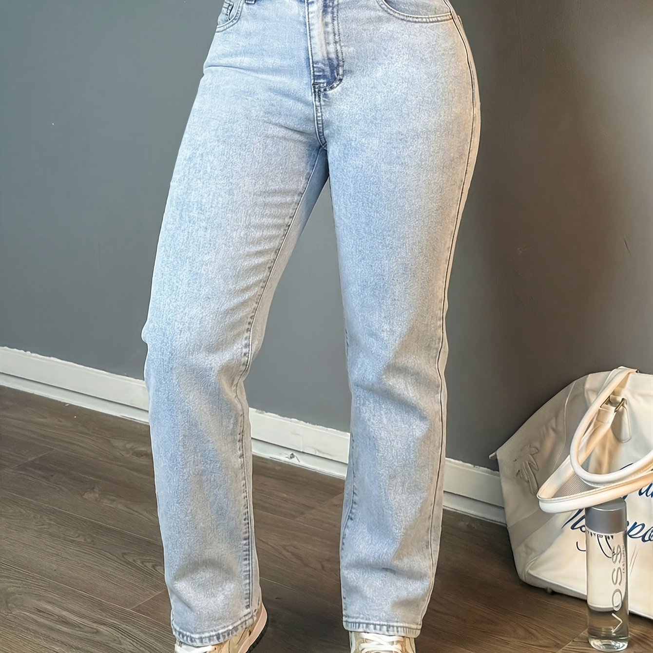TEMU Women's High-waisted Light-wash Straight-leg Jeans Loose-fit Casual Trousers With Pockets Stretchy Comfortable And Street Style