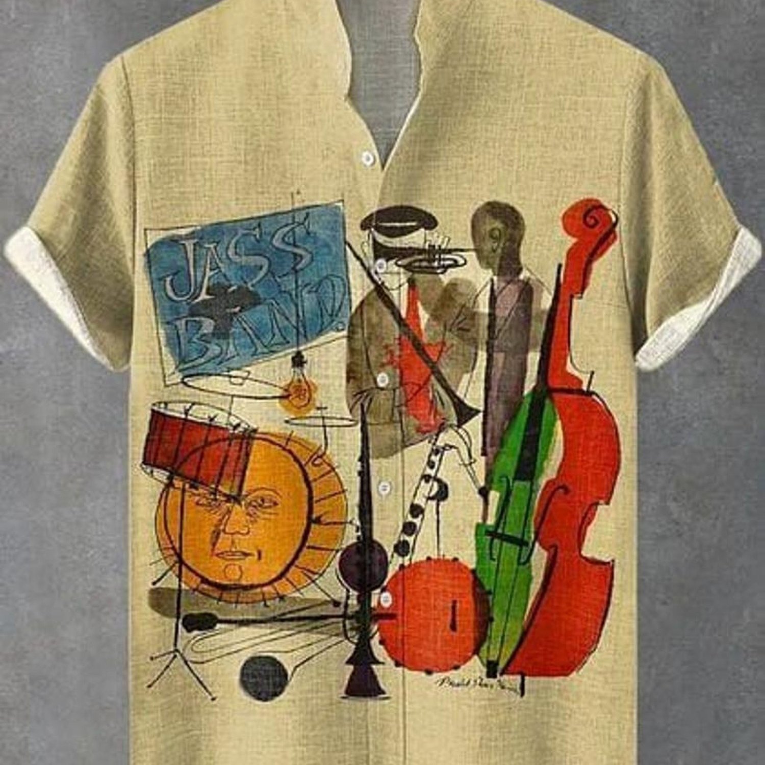Image of Men's Formal Shirt, Music Print, Beige Short-sleeved Collared Shirt, Rolled-up Cuffs With White Lining, Polyester Material, Comfortable For Daily Wear, Multiple Sizes , Mixed Color
