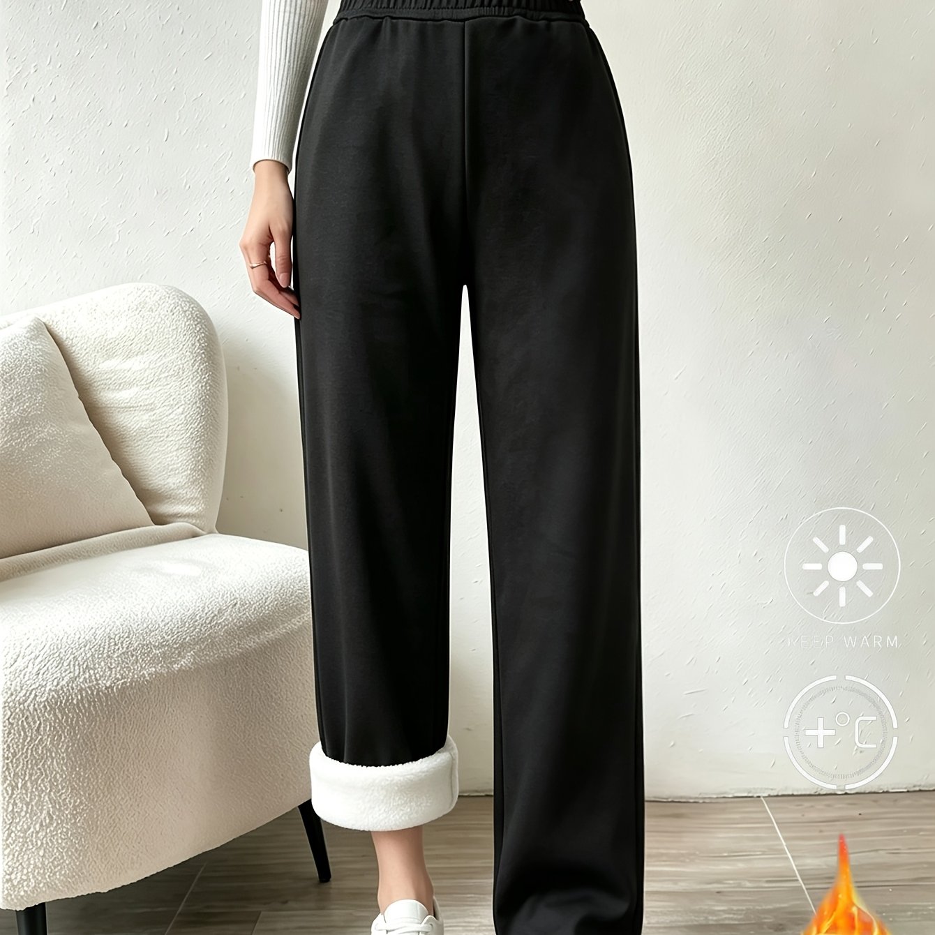 TEMU Women's Casual Wide-leg Pants, Lamb Fleece Thermal Leggings, Winter Fleece-lined Thickened Outerwear, High-waist 1pc Pants, Warm Pants With Side