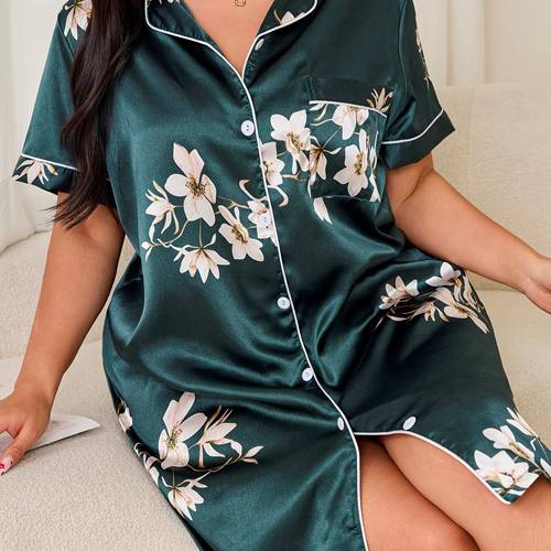 womens plus size elegant floral print short sleeve nightgown green white botanical pattern open collar with pockets machine washable loungewear sleepshirt dress lounge attire collar durable sleepwear lingerie sleepwear