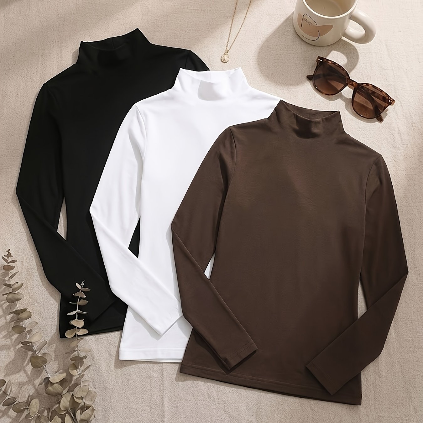 TEMU 3 Pack Women's Slim Fit Long Sleeve T-shirts - Fall Winter Breathable Body Sculpting Base Layer Tops (black, White, Khaki, Coffee)