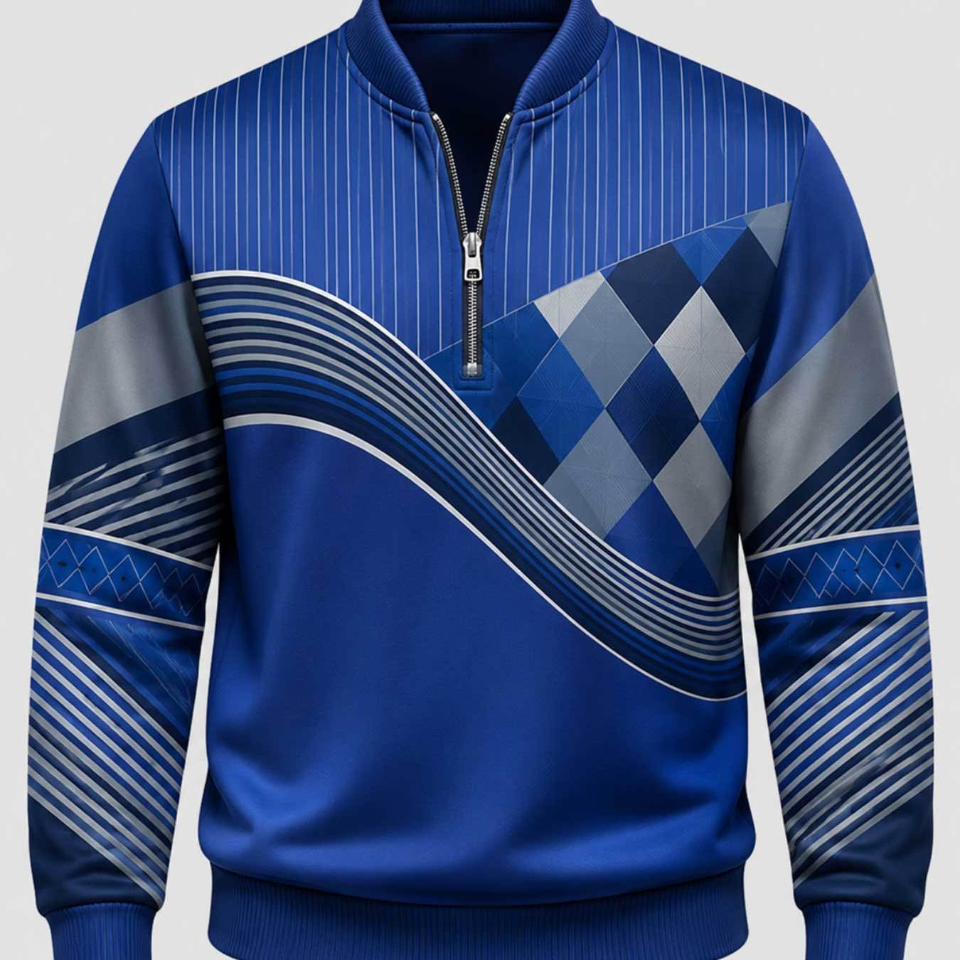 TEMU Men's Round Neck Half Zip Sweatshirt Blue Geometric Argyle Pattern Modern Minimalist For Casual Streetwear And Daily Activities