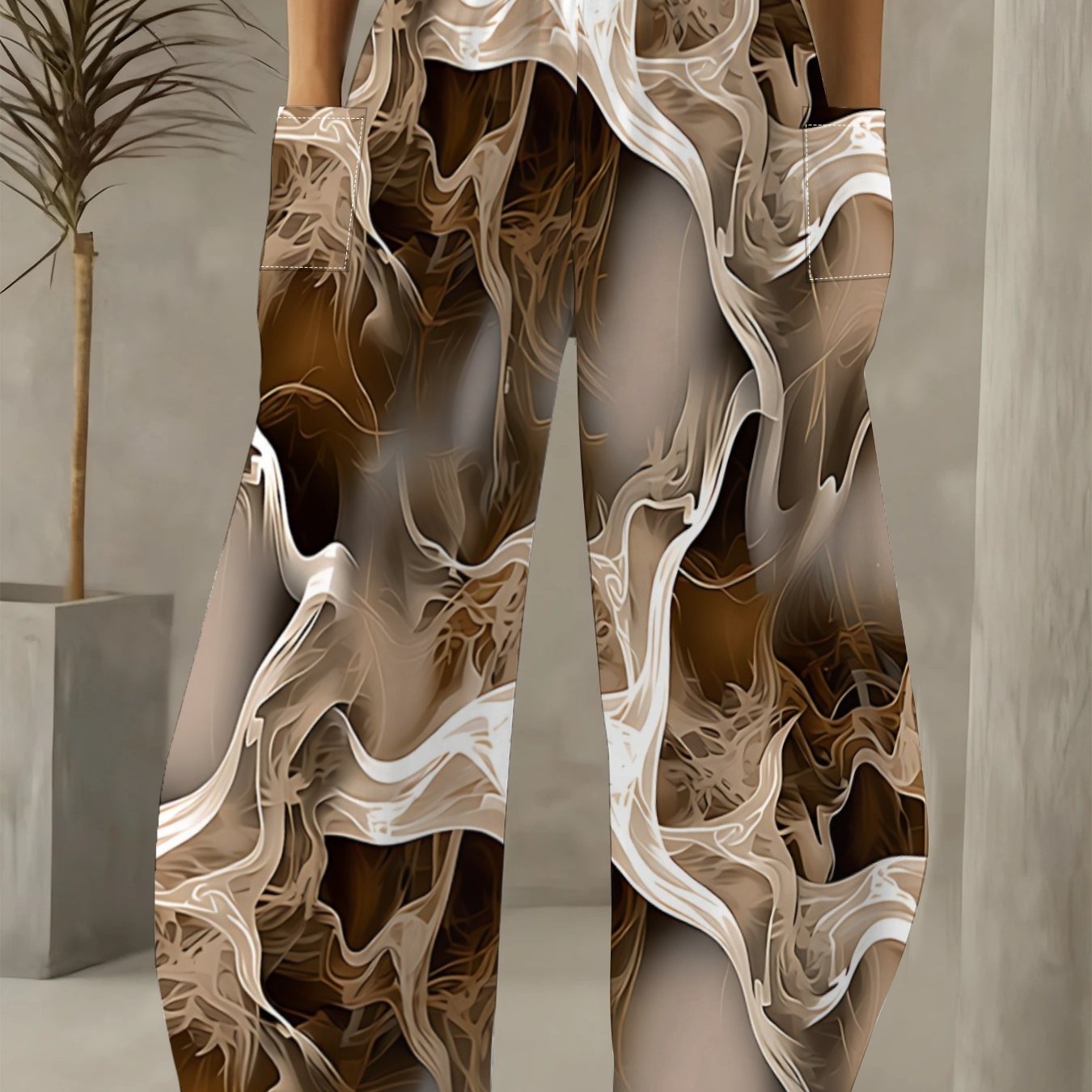 TEMU Plus Size - Women's Plus Size Casual Trousers, Modern Urban Style, Wide-leg Pants, Coffee-colored Gradient Print, Flowing Distressed Print,