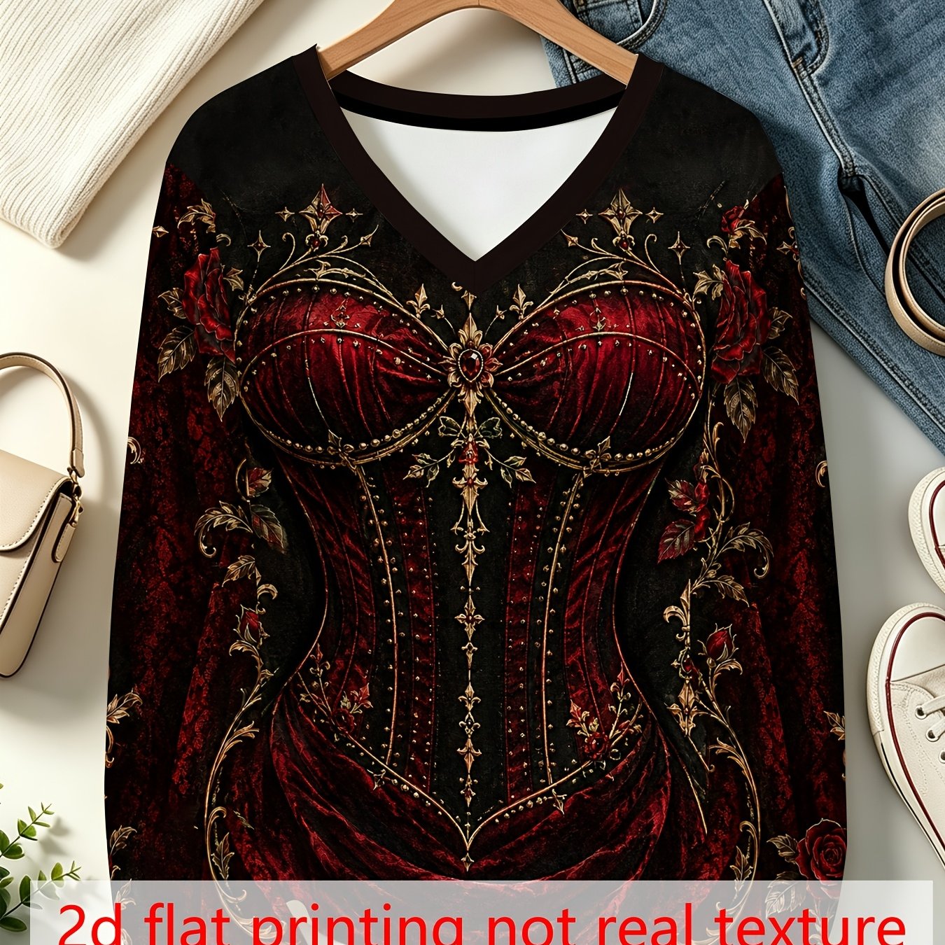 TEMU [printed Design - Non-textured] Plus Size Women's Long Sleeve V-neck Top, Cinched Waist With Printed Design, Burgundy Velvet Effect And Golden