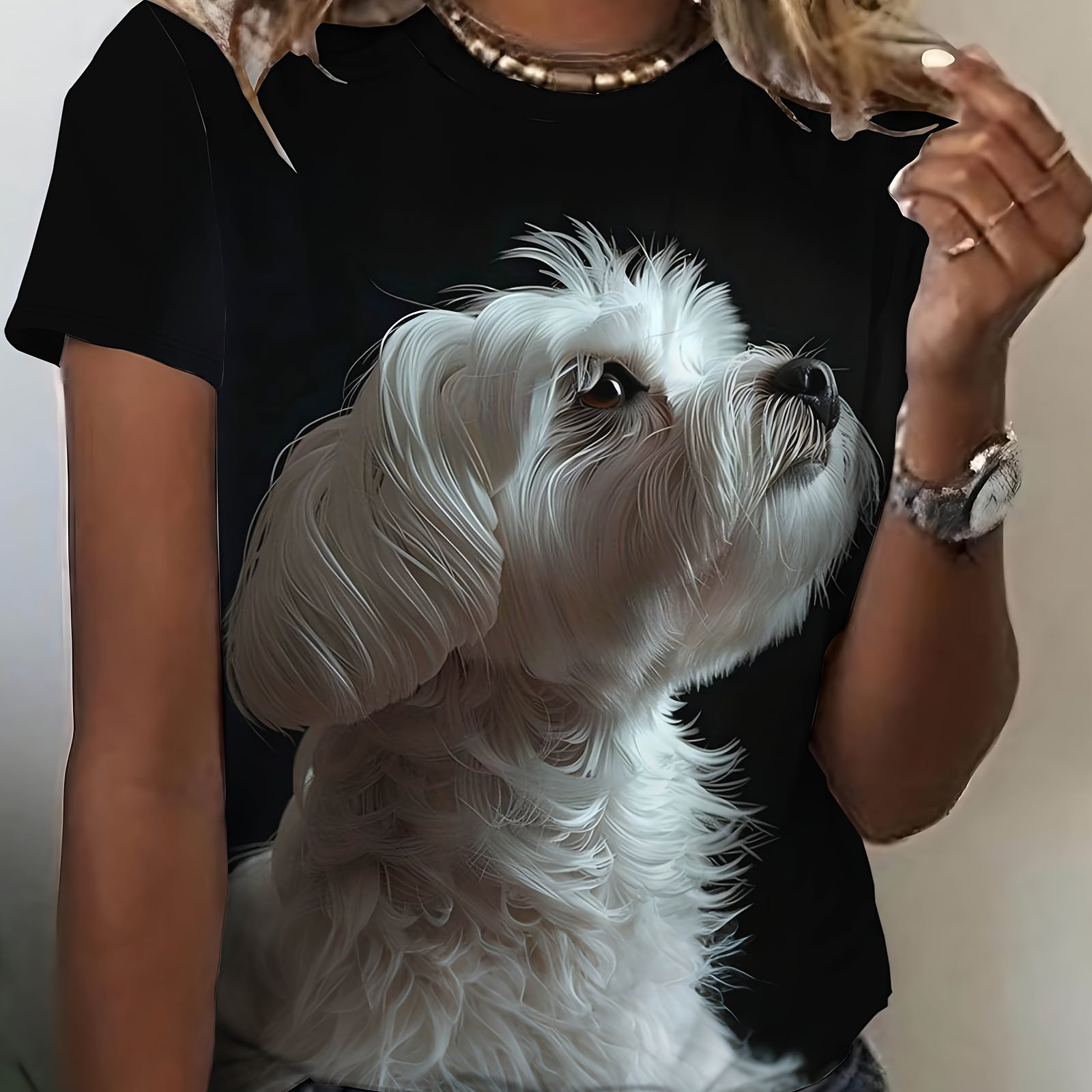 TEMU Cute Dog Printed T-shirt With Realistic Little Pattern, Casual Versatile Short Sleeve, Women's Fashion Top, As A Gift